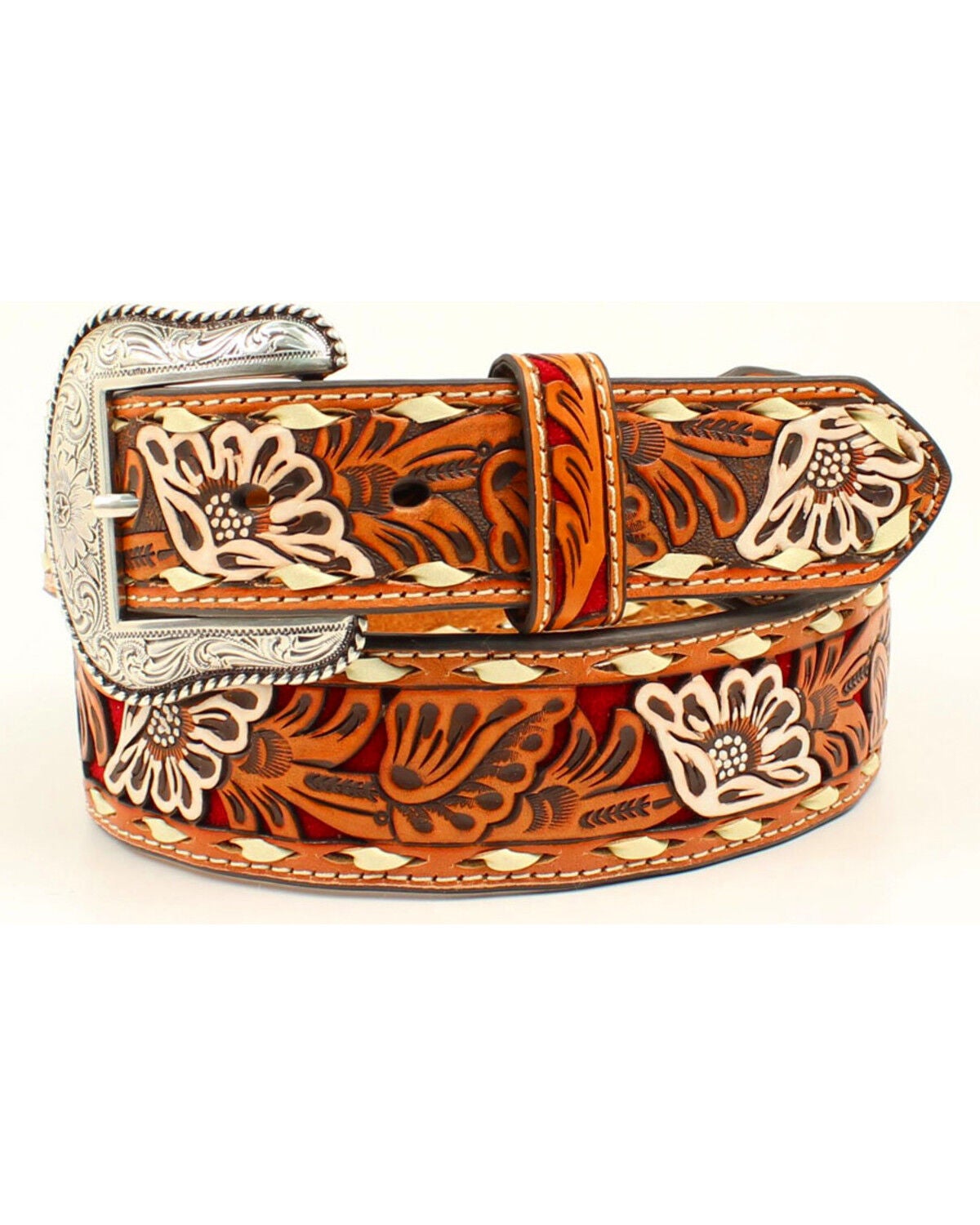 Nocona Men's Inlay Floral Embossed Western Belt, Red, hi-res