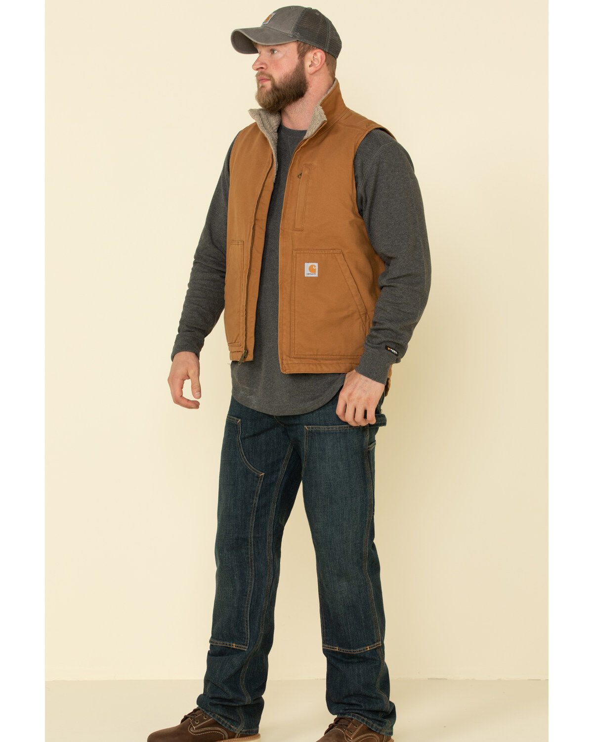 Image #3 - Carhartt Men's Brown Washed Duck Sherpa Lined Mock Neck Work Vest, Brown, hi-res