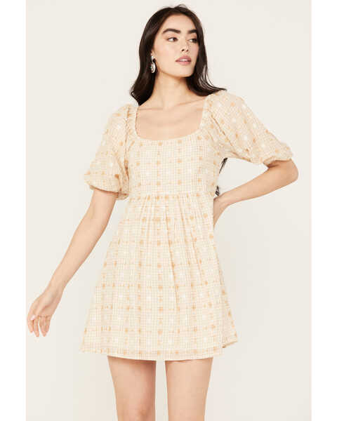 En Creme Women's Gingham and Dot Print Short Sleeve Mini Dress, Sand, hi-res