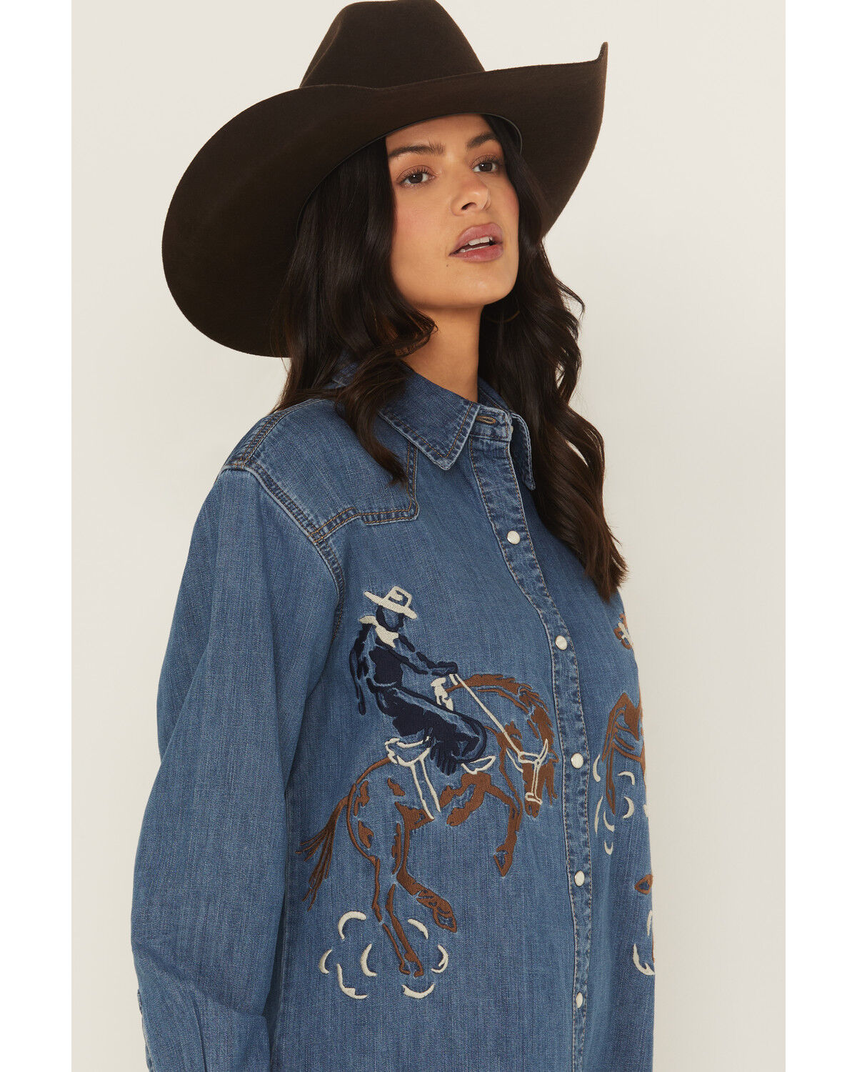 Image #2 - Wrangler Retro Women's Medium Wash Horse Embroidered Long Sleeve Snap Denim Shirt, Blue, hi-res