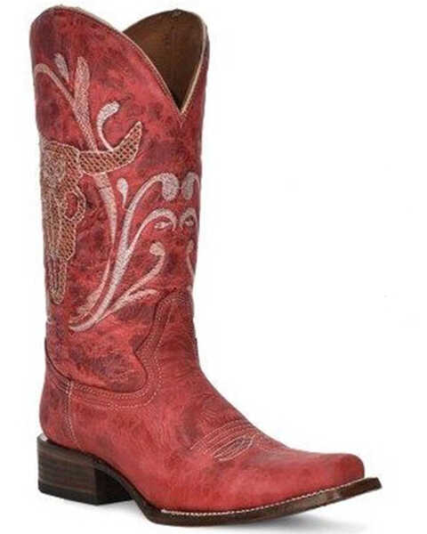 Circle G Women's LD Red Bull Western Boots - Square Toe, Red, hi-res