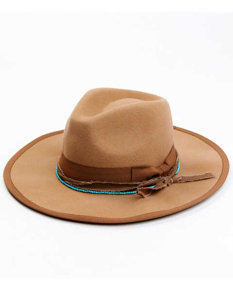 Shyanne Women's Rancher Tonal Ribbons & Turquoise Bead Fedora Hat, Tan, hi-res