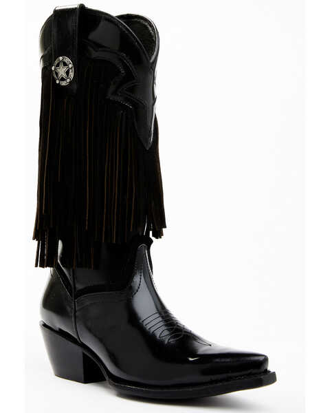 Idyllwind Women's Trooper Fringe Shiny Western Boots - Snip Toe, Black, hi-res