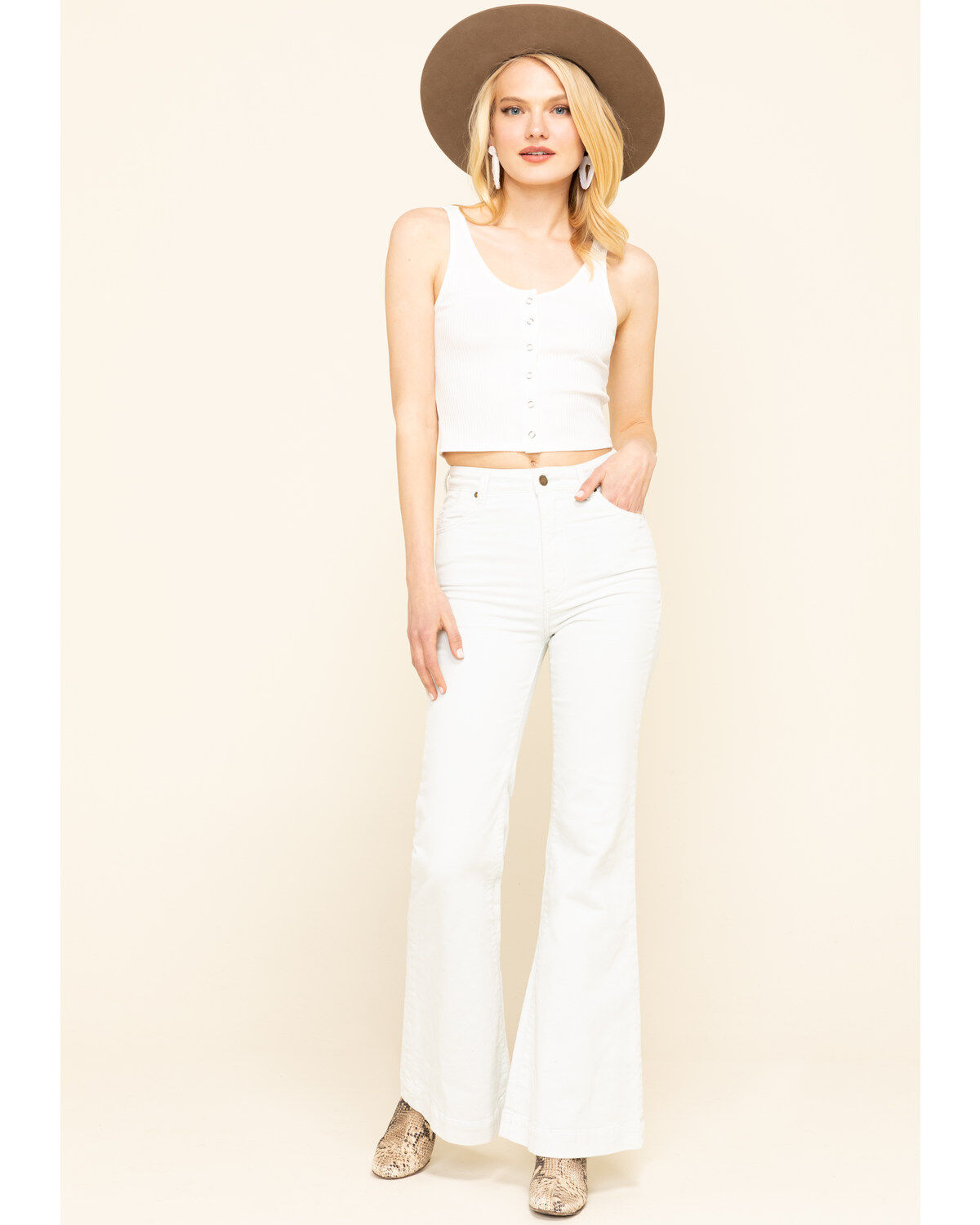 Image #6 - Miss Me Women's Ivory Ribbed Button Crop Top, , hi-res