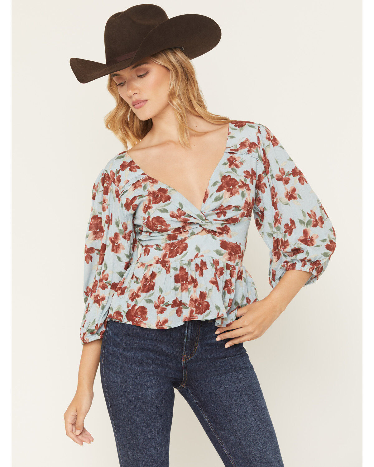 Image #1 - Wild Moss Women's Floral Knot Front Print Top, Blue, hi-res
