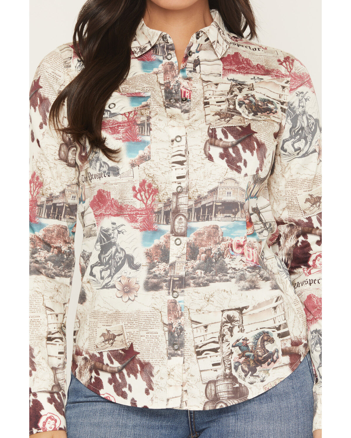 Image #3 - Shyanne Women's Spiritdance Conversational Print Long Sleeve Snap Stretch Western Shirt, Cream, hi-res