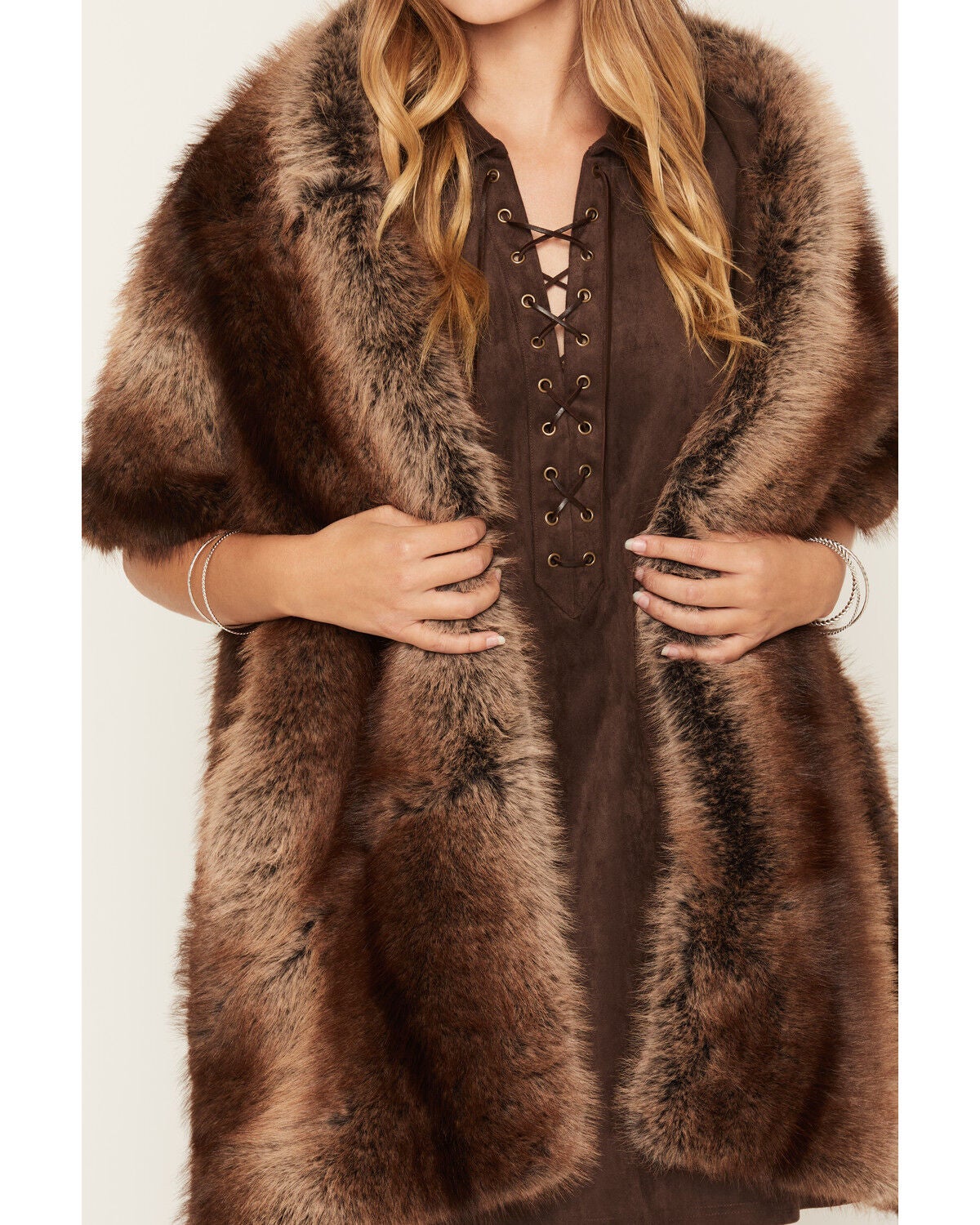 Image #3 - Azalea Wang Women's Starlet Faux Fur Wrap, Brown, hi-res