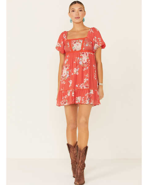 A Collective Story Women's Coral Floral Peasant Tiered Dress, Coral, hi-res