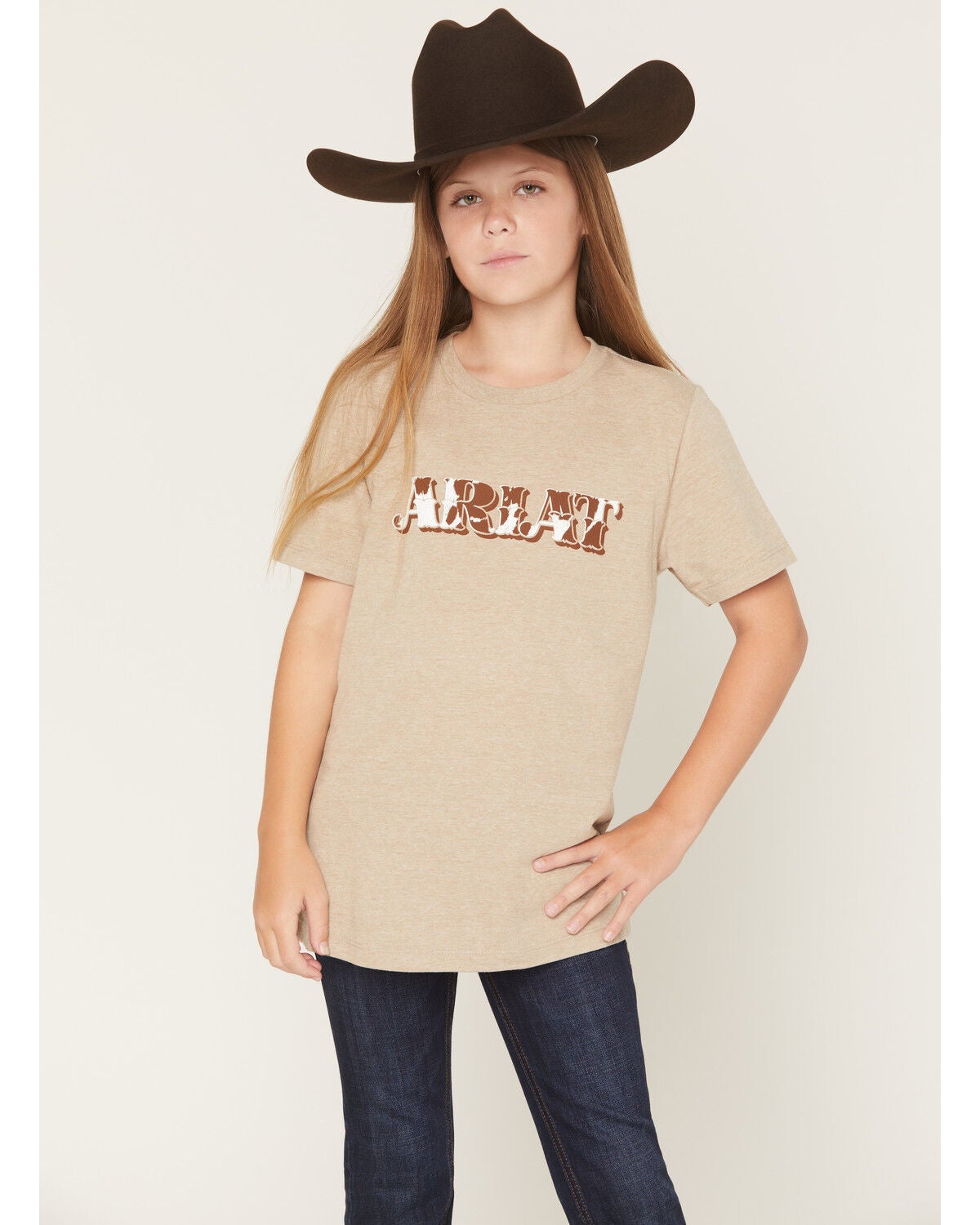 Ariat Girls' Boot Barn Exclusive Logo Short Sleeve Graphic Tee, Oatmeal, hi-res