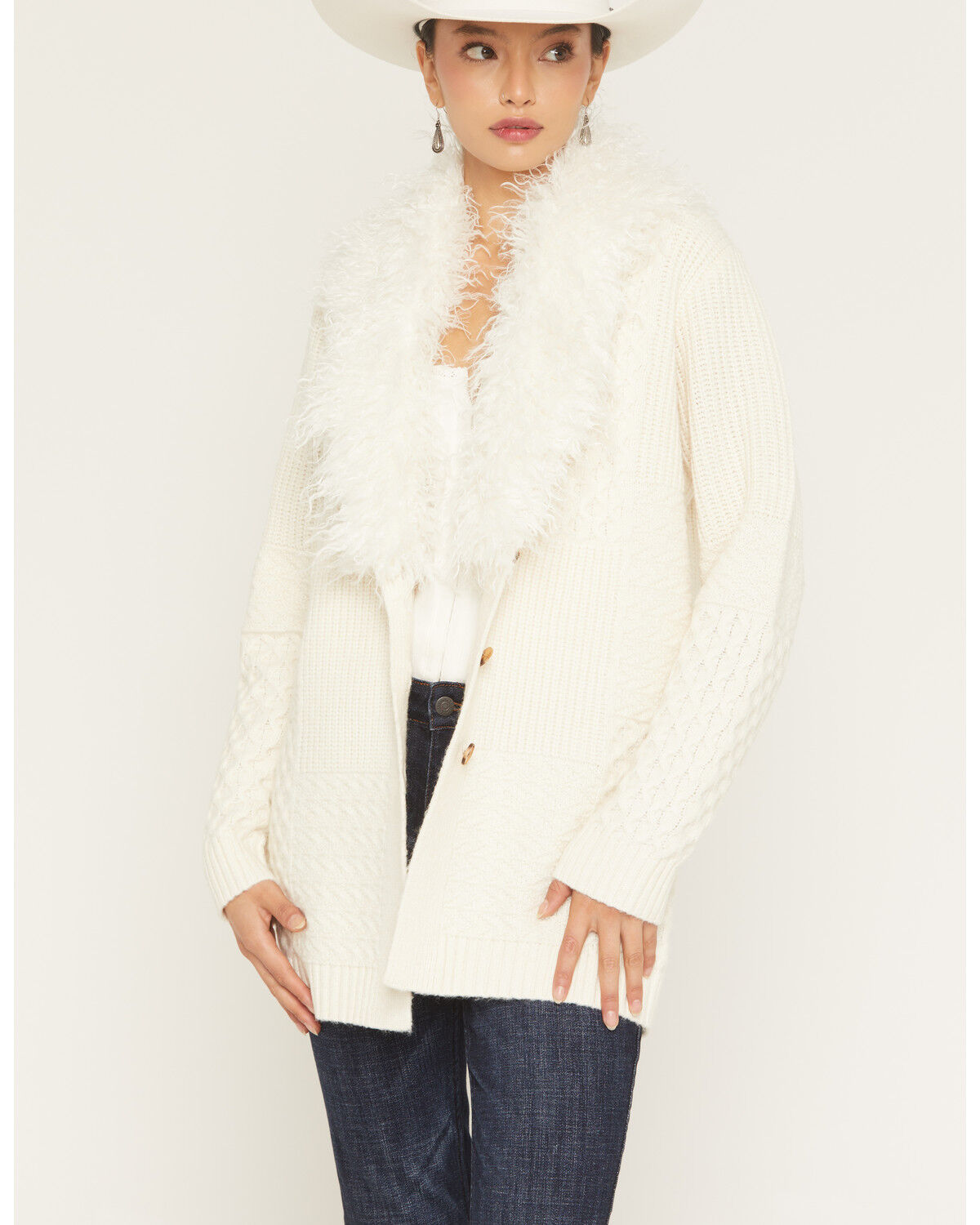 Image #1 - Idyllwind Women's Ryder Fur Collar Button-Down Sweater, Cream, hi-res