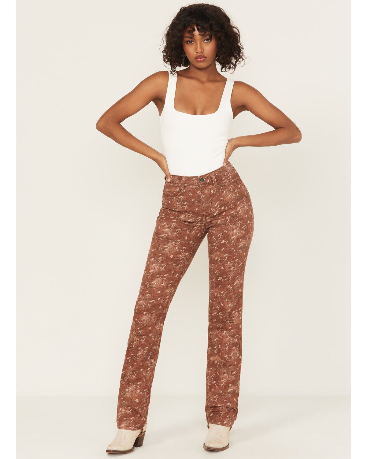 Rock & Roll Denim Women's Horse Print High Rise Bargain Bootcut Stretch Jeans, Brown, hi-res
