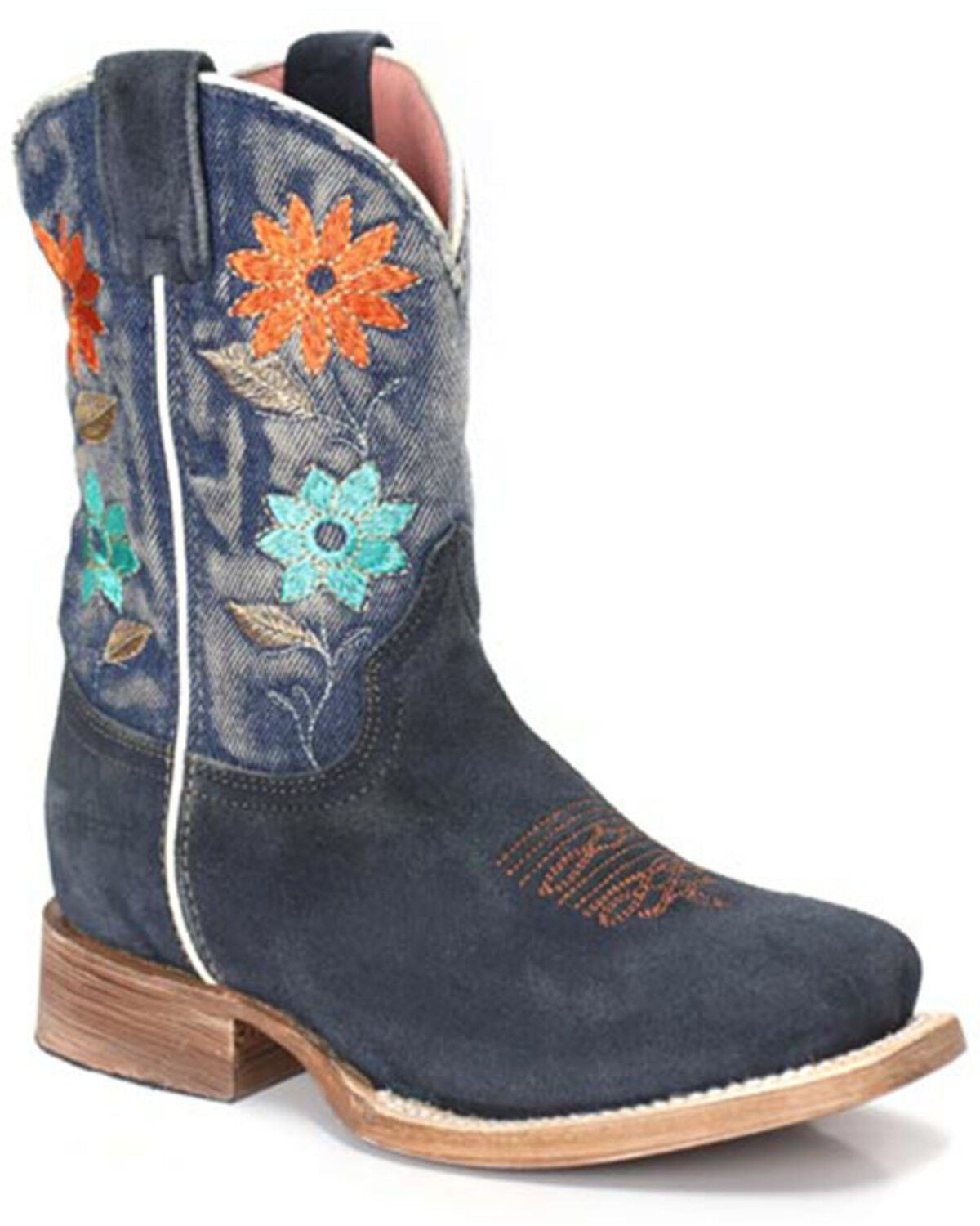 Roper Little Girls' Flower Power Wester Boots - Broad Square Toe, Blue, hi-res