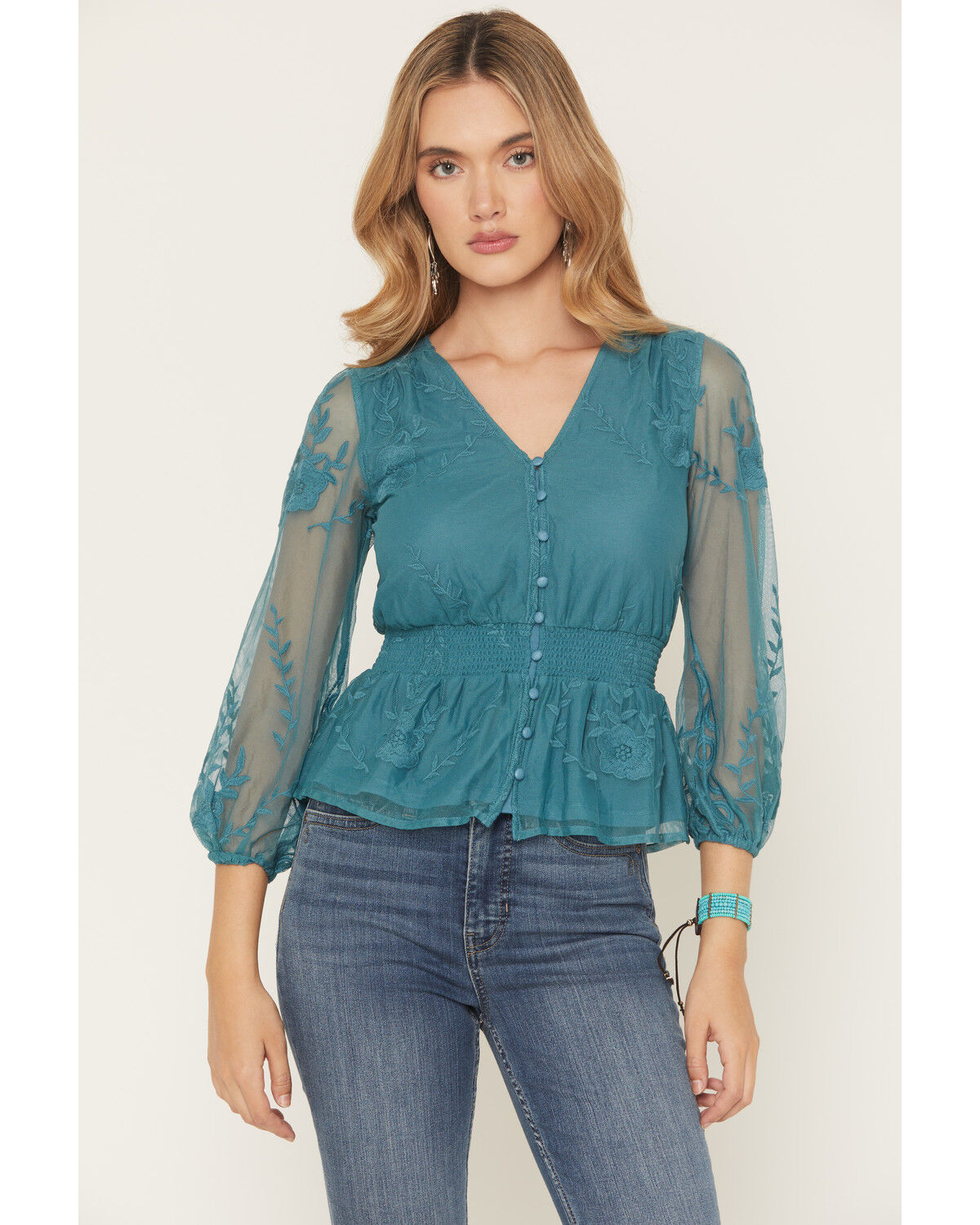 Shyanne Women's Embroidered Mesh Long Sleeve Button-Down Shirt, Turquoise, hi-res