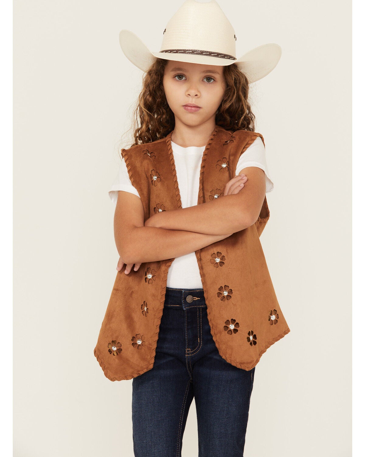 Fornia Girls' Studded Floral Vest, Camel, hi-res