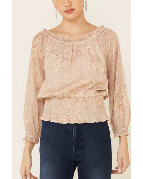 Image #3 - Mystree Women's Floral Paisley Print 3/4 Sleeve Smocked Top , Taupe, hi-res