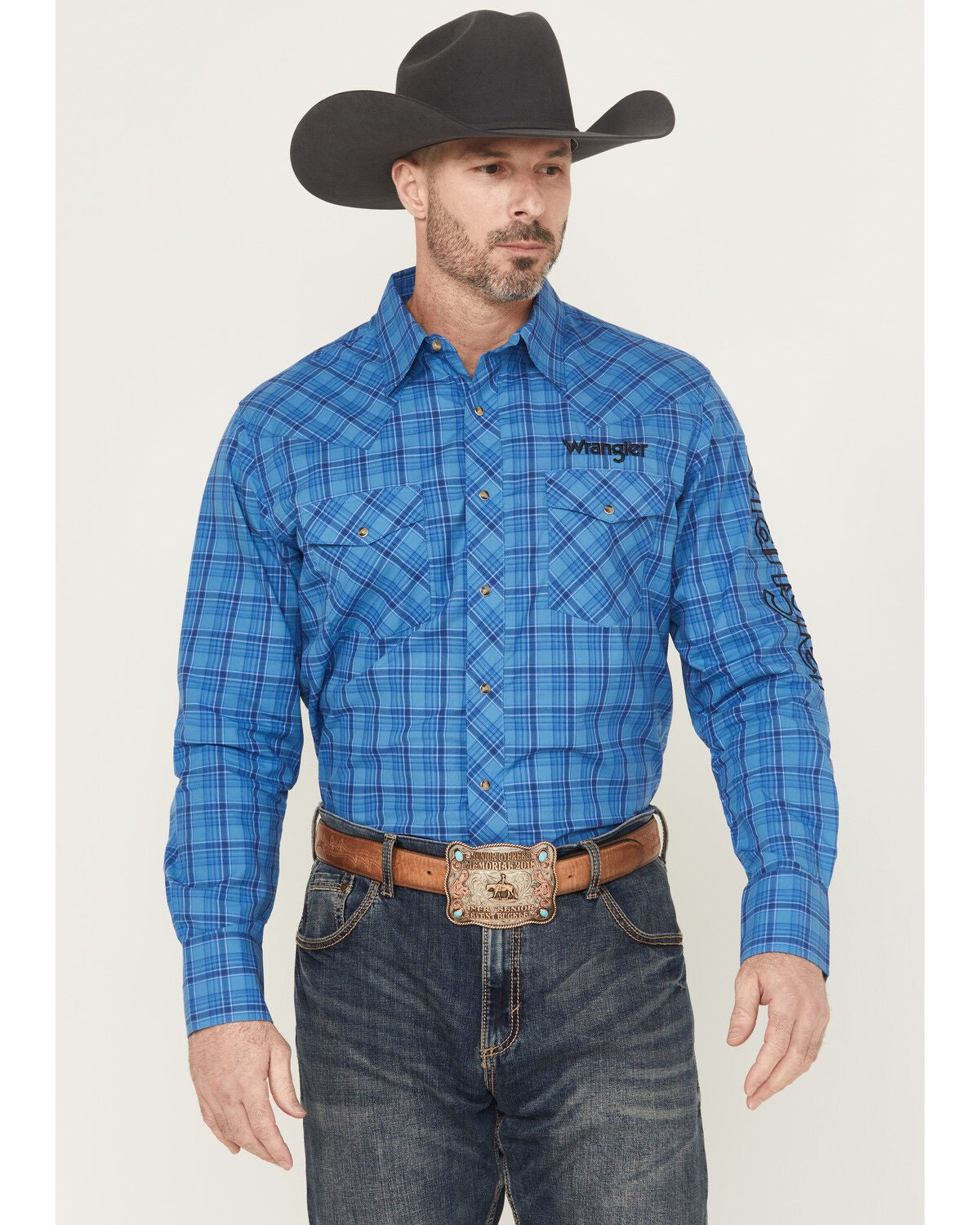 Wrangler Men's Plaid Print Logo Long Sleeve Snap Western Shirt, Blue, hi-res