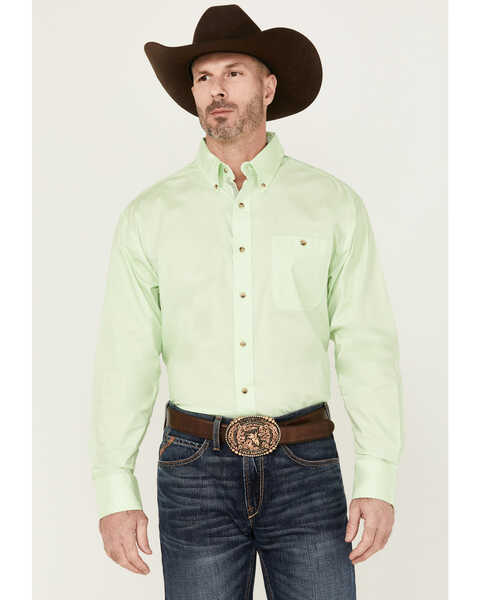 George Strait by Wrangler Men's Solid Long Sleeve Button-Down Stretch Western Shirt , Light Green, hi-res