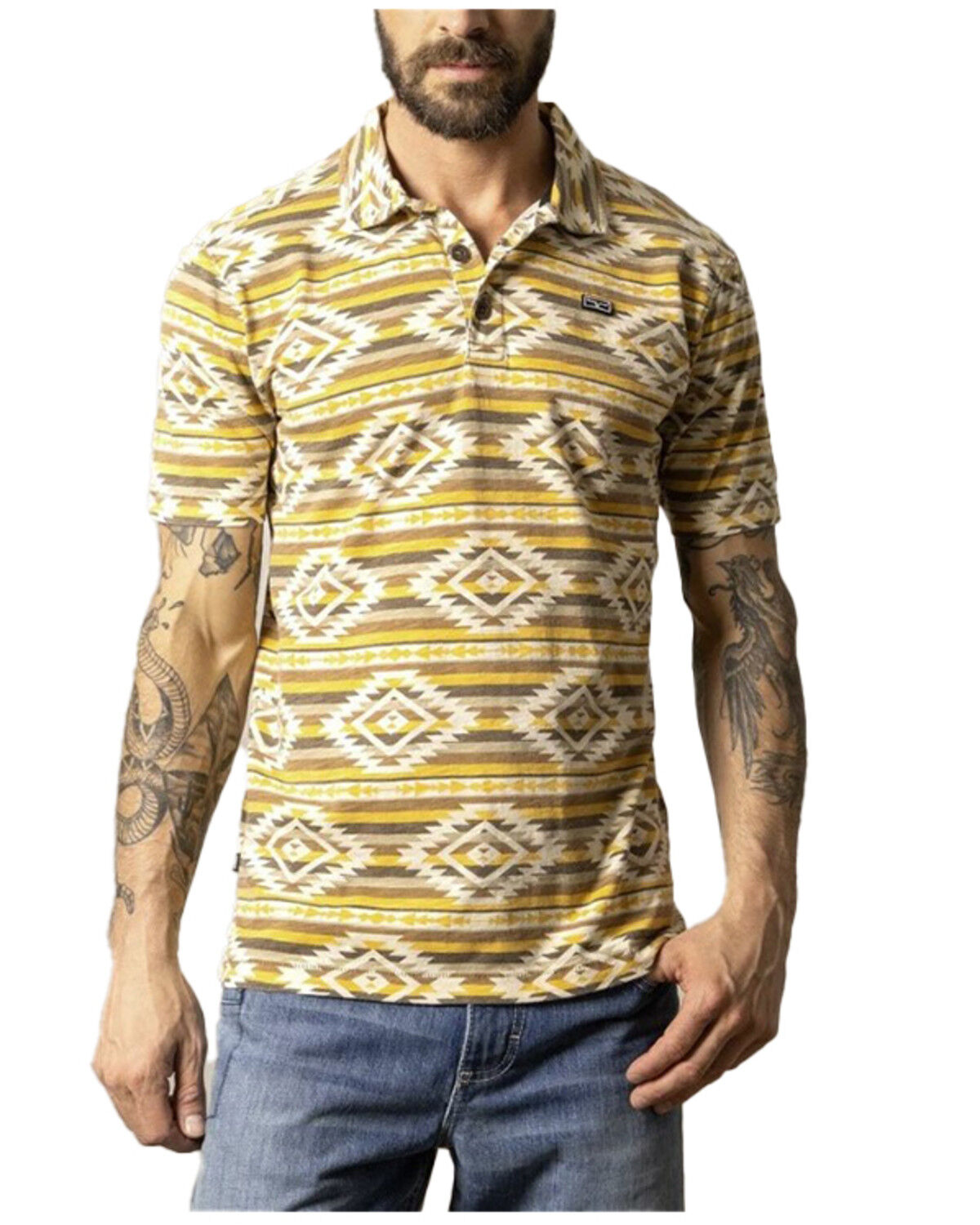 Image #1 - Kimes Ranch Men' Tulum Southwestern Print Short Sleeve Button-Down Polo Shirt, Gold, hi-res