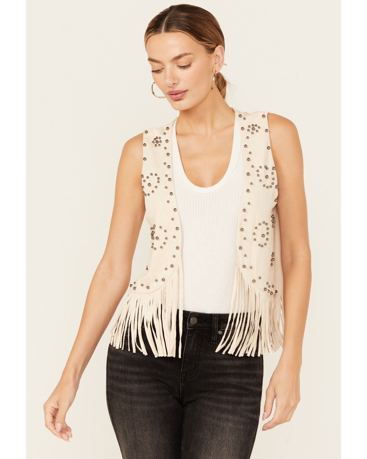 Vocal Women's Studded Faux Suede Vest, Cream, hi-res
