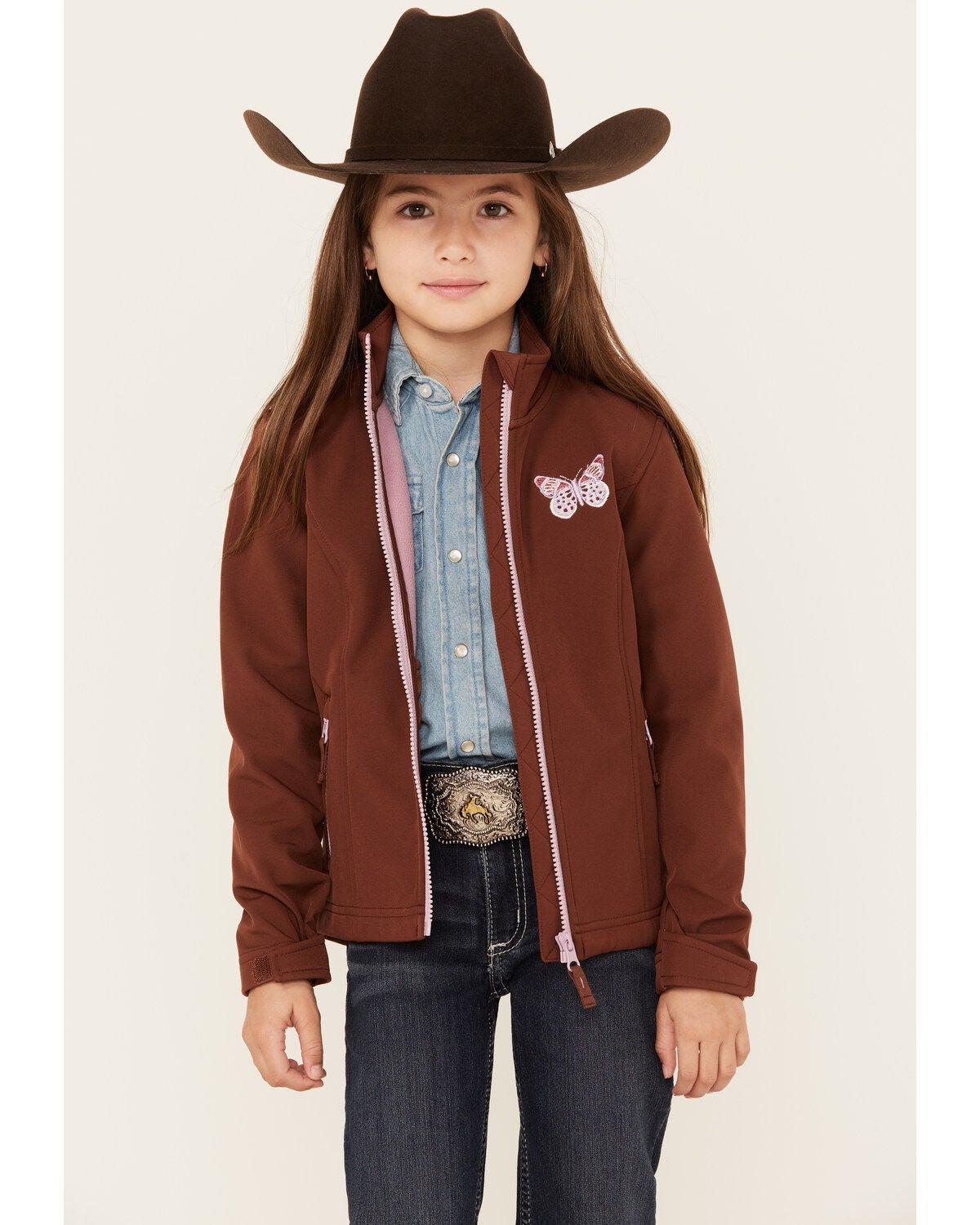 Shyanne Girls' Butterfly Embroidered Softshell Jacket, Chocolate, hi-res