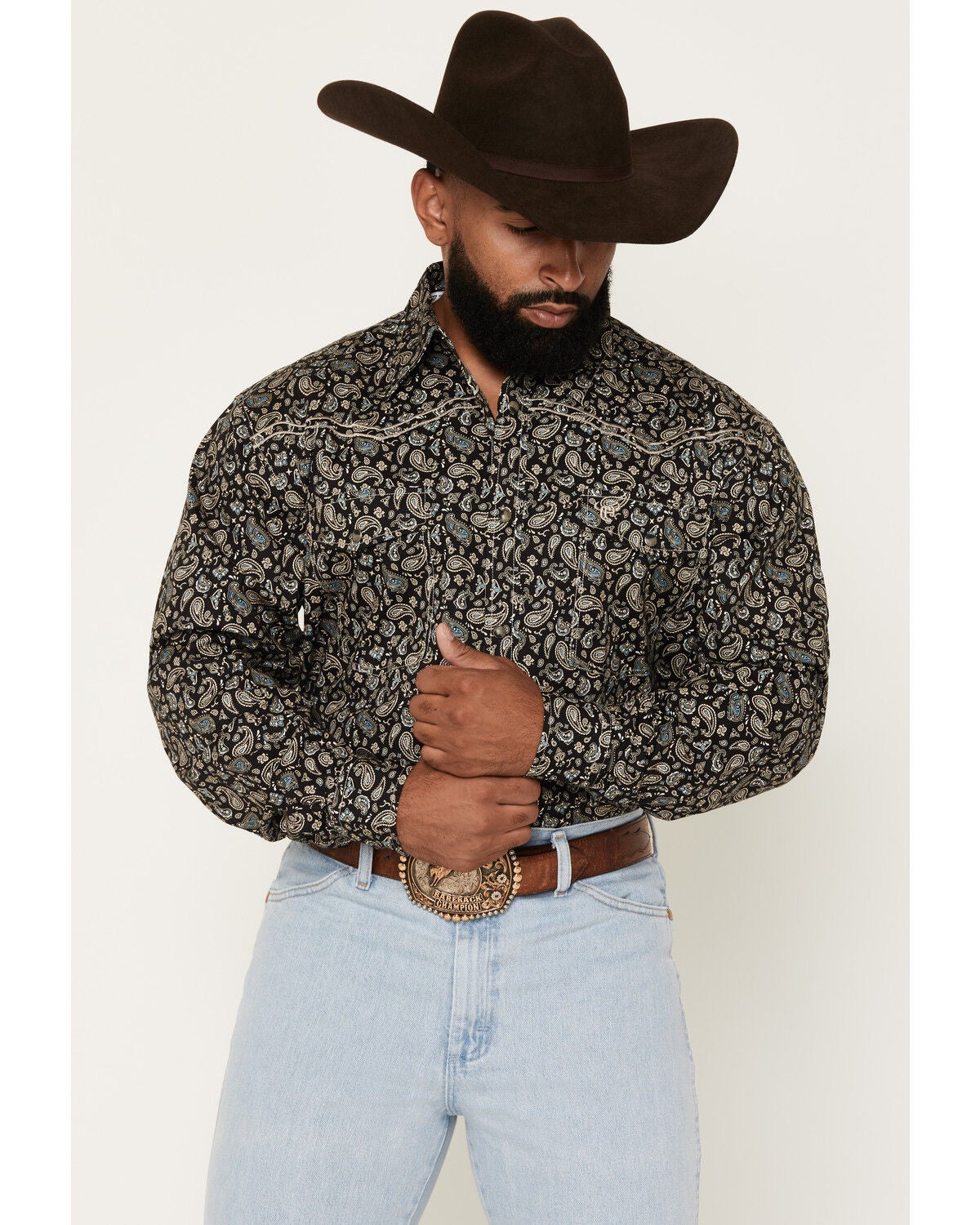 Cowboy Hardware Men's Scatter Paisley Print Long Sleeve Pearl Snap Stretch Western Shirt, Black, hi-res