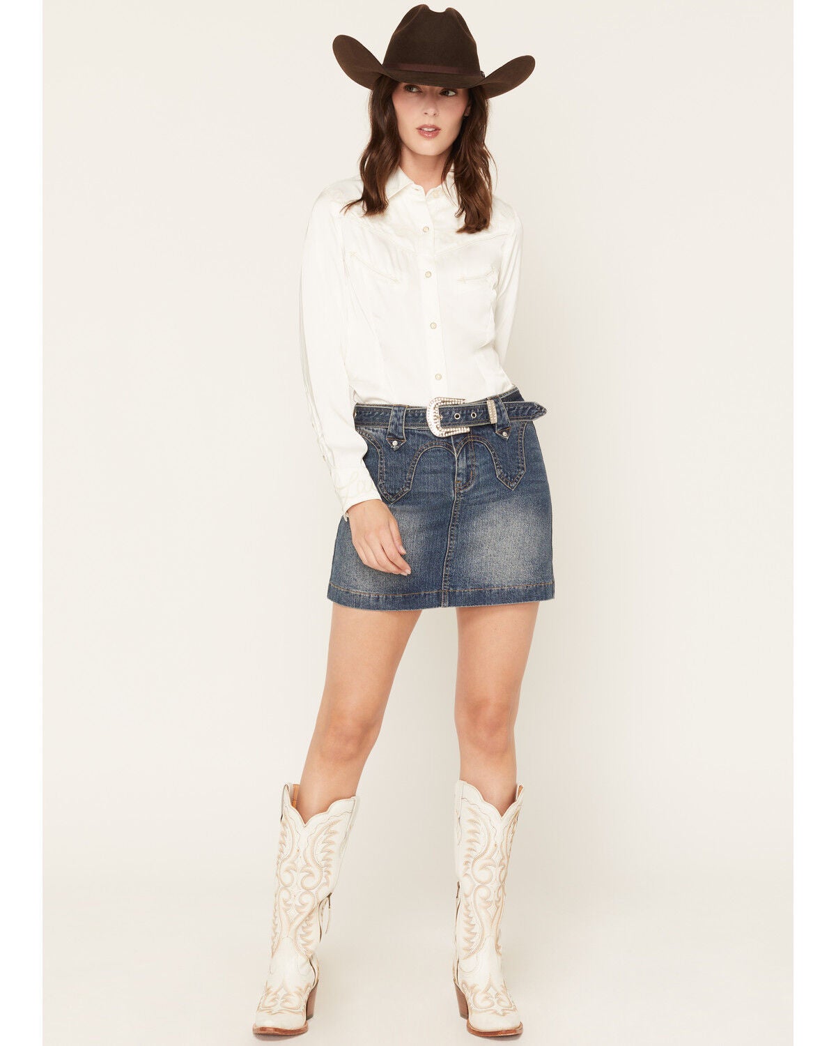 Image #1 - Dakota Blue Women's Dark Wash Belted Western Yoke Denim Mini Skirt, Dark Wash, hi-res