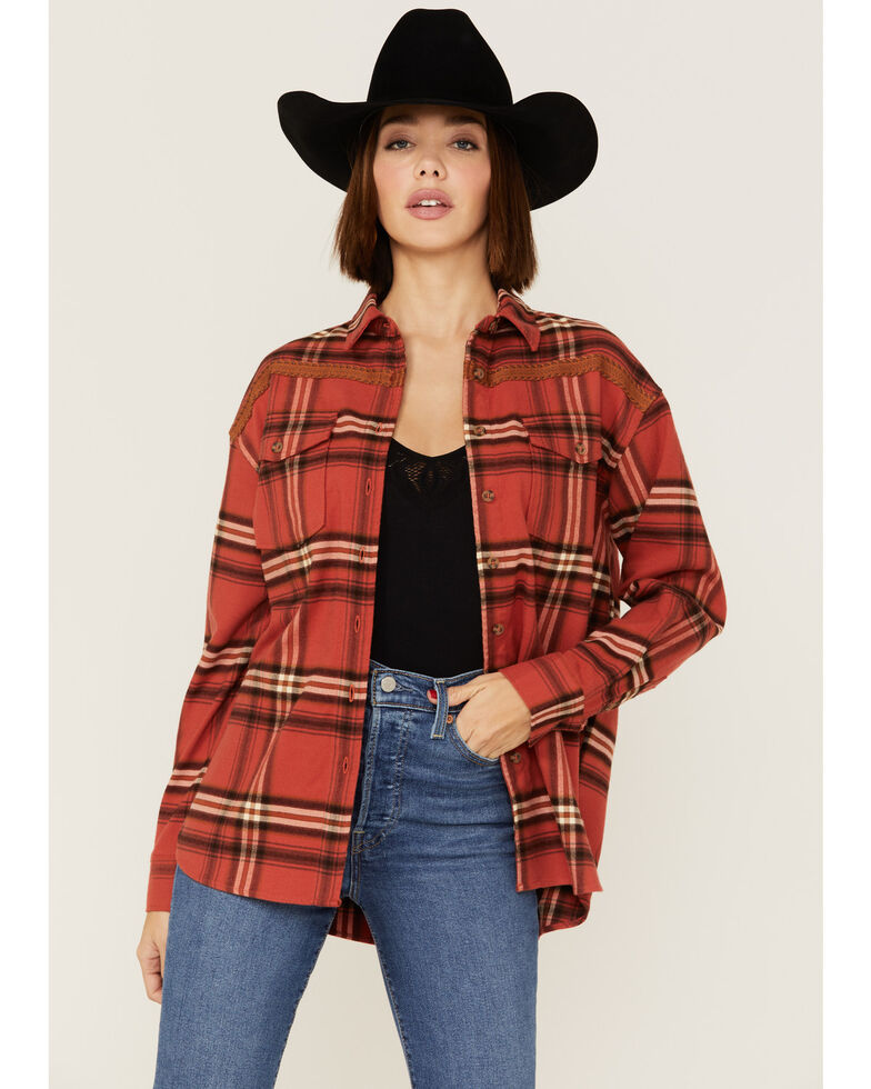 Cleo + Wolf Women's Cozy Spring Flannel , Brick Red, hi-res