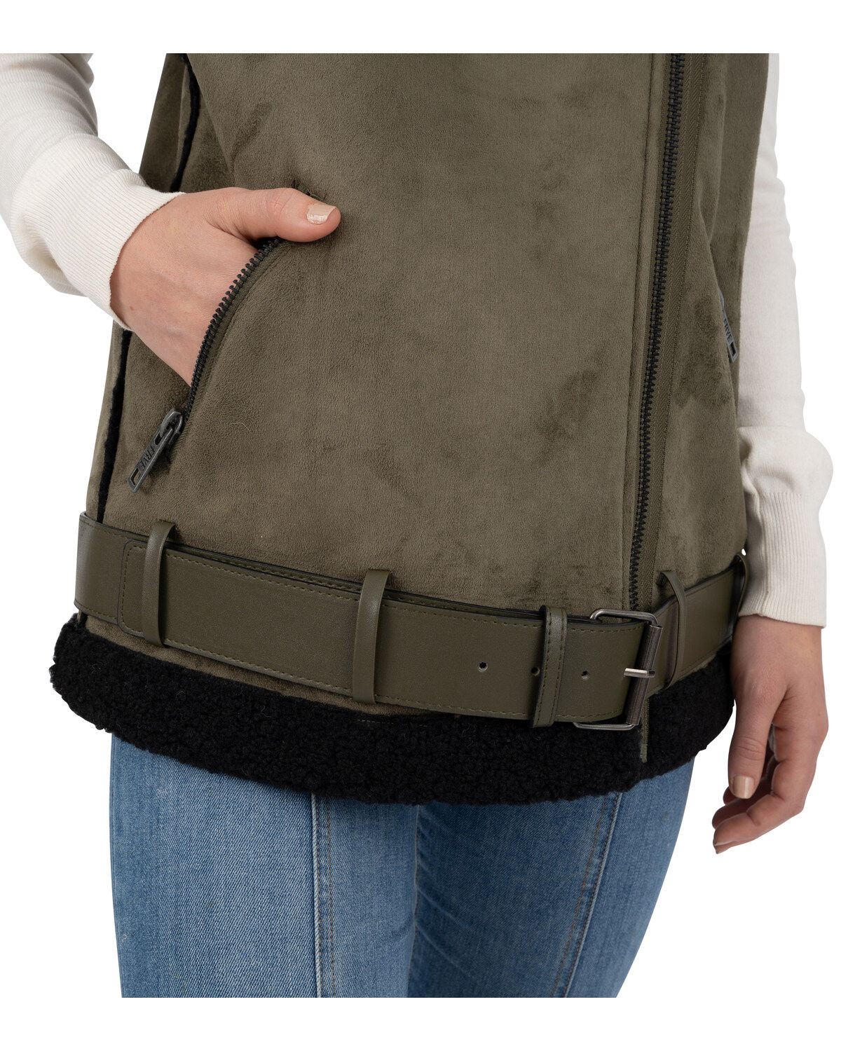 Image #3 - Frye Women's Belted Faux Shearling Vest, Olive, hi-res