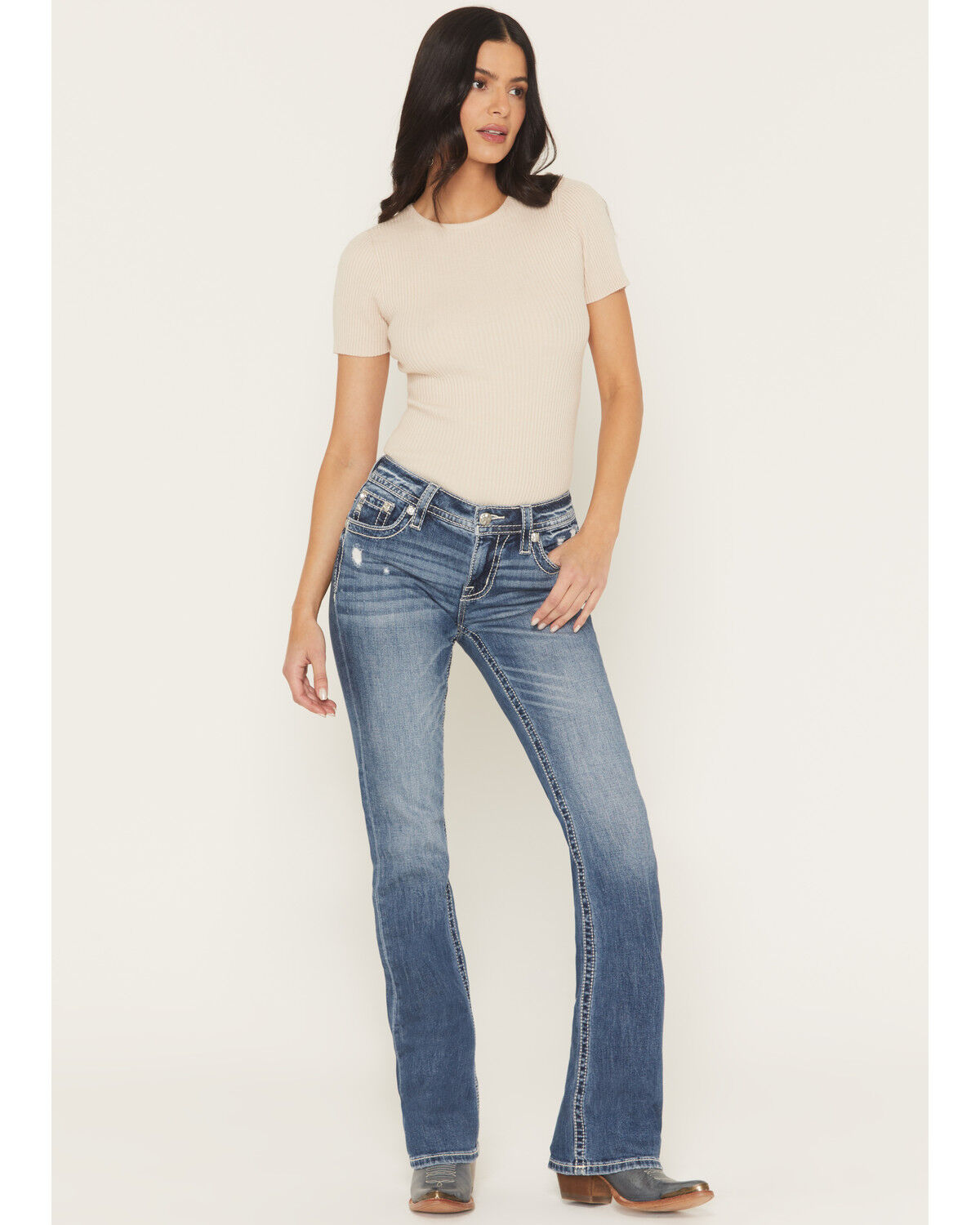 Product Name:  Miss Me Women's Medium Wash Mid Rise Americana Pocket 34" Bootcut Stretch Denim Jeans