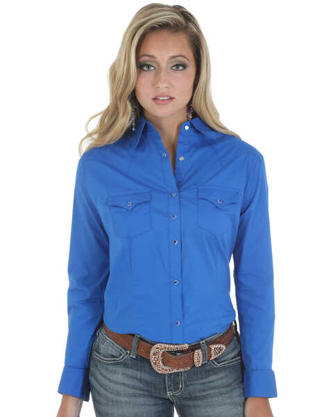 Wrangler Women's Long Sleeve Western Shirt, Blue, hi-res