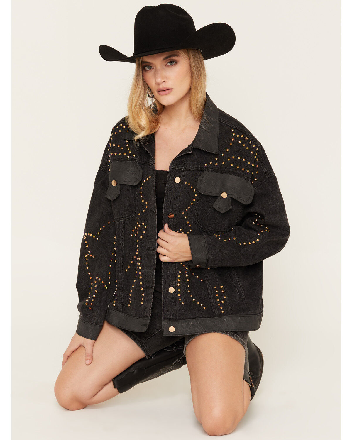 Azalea Wang Women's Studded Button-Down Denim Jacket, Black, hi-res