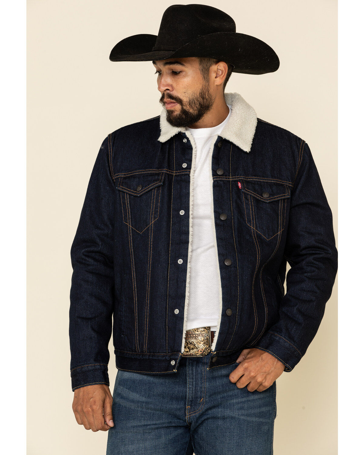 Image #2 - Levi's Men's Juniper Sherpa Lined Trucker Denim Jacket, Dark Blue, hi-res