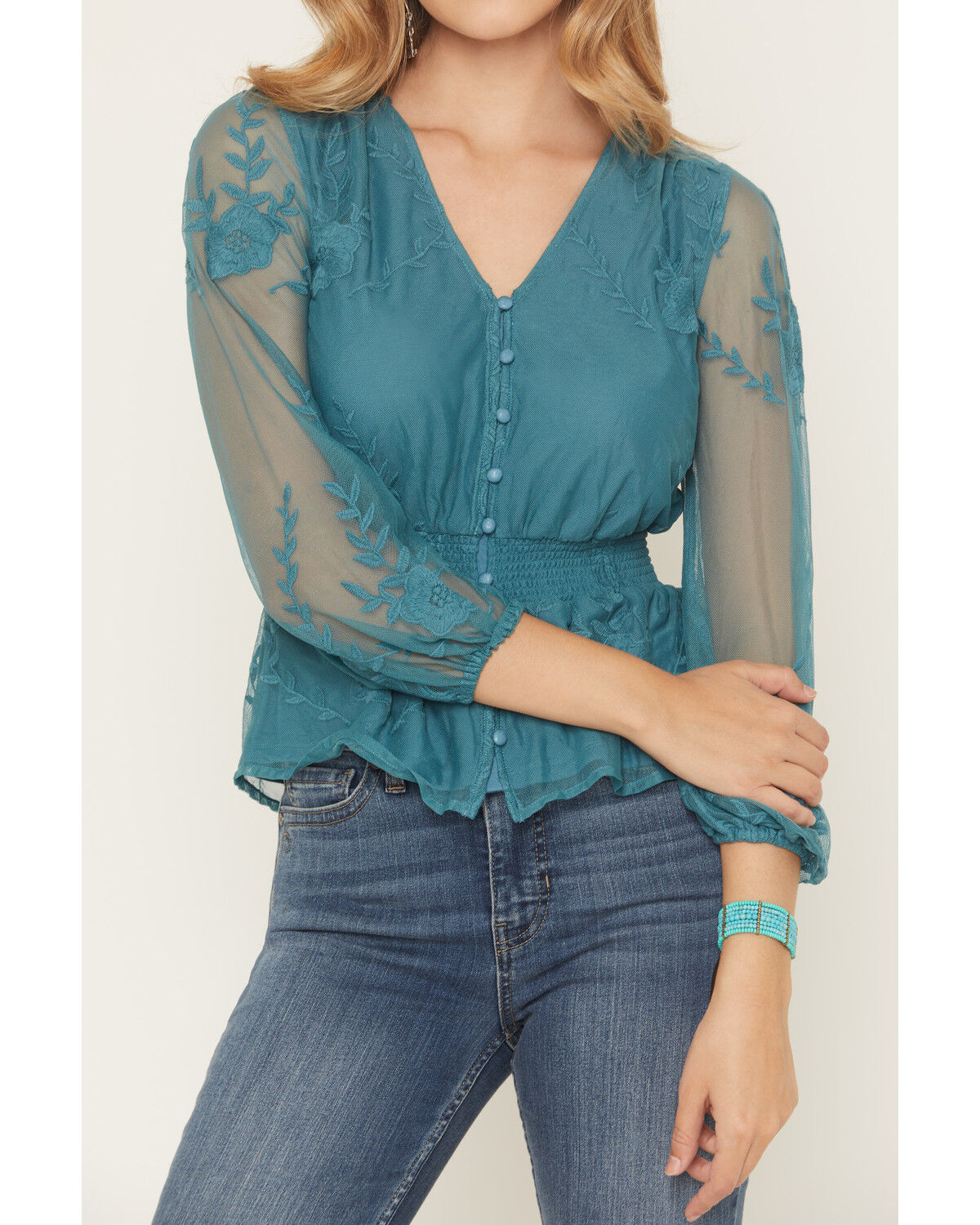 Image #3 - Shyanne Women's Embroidered Mesh Long Sleeve Button-Down Shirt, Turquoise, hi-res