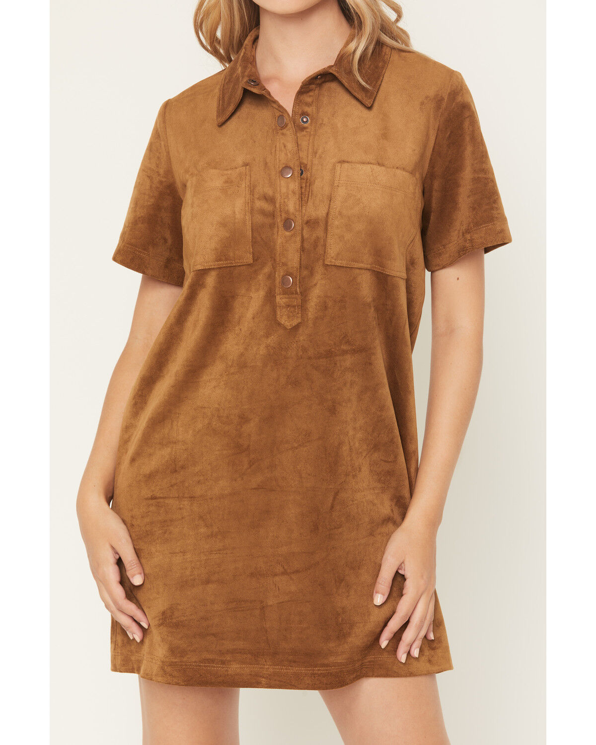 Image #3 - White Crow Women's Faux Suede Short Sleeve Snap Mini Dress, Brown, hi-res