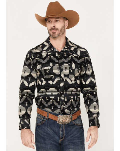 Rock & Roll Denim Men's Southwestern Print Long Sleeve Pearl Snap Western Shirt, Black, hi-res