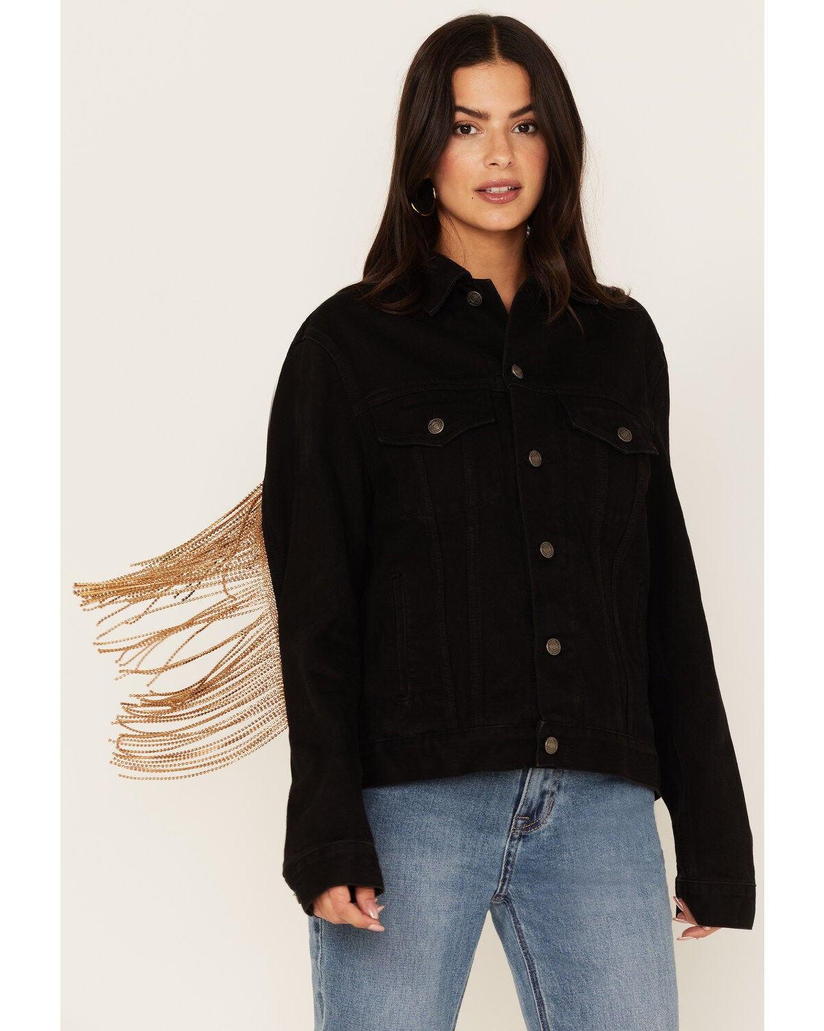 The Harley Jacket by Daniel Diamond: Women's Black Denim Jacket with Gold Fringe, Black, hi-res