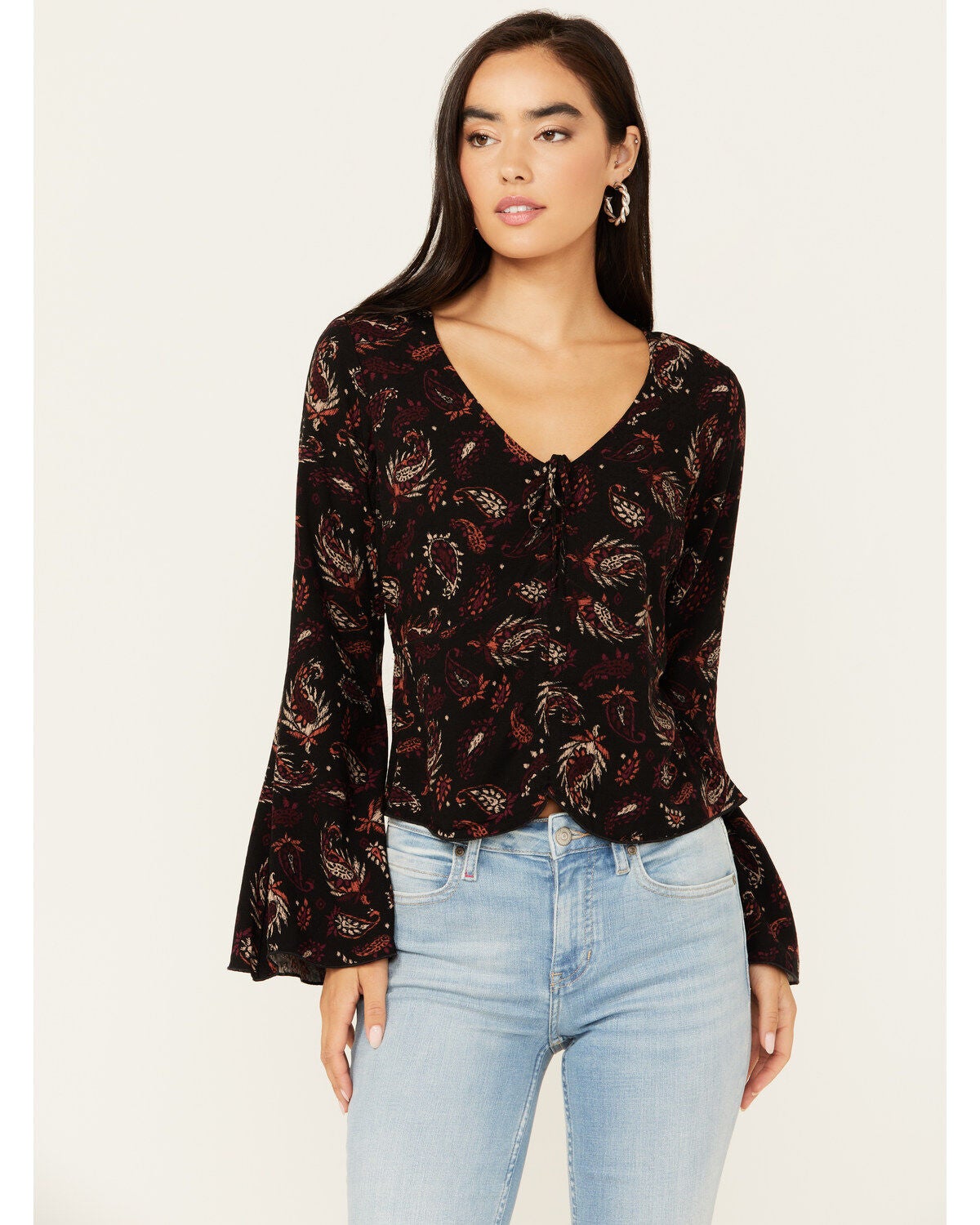 Idyllwind Women's Tara Tie Front Bell Sleeve Blouse, Black, hi-res
