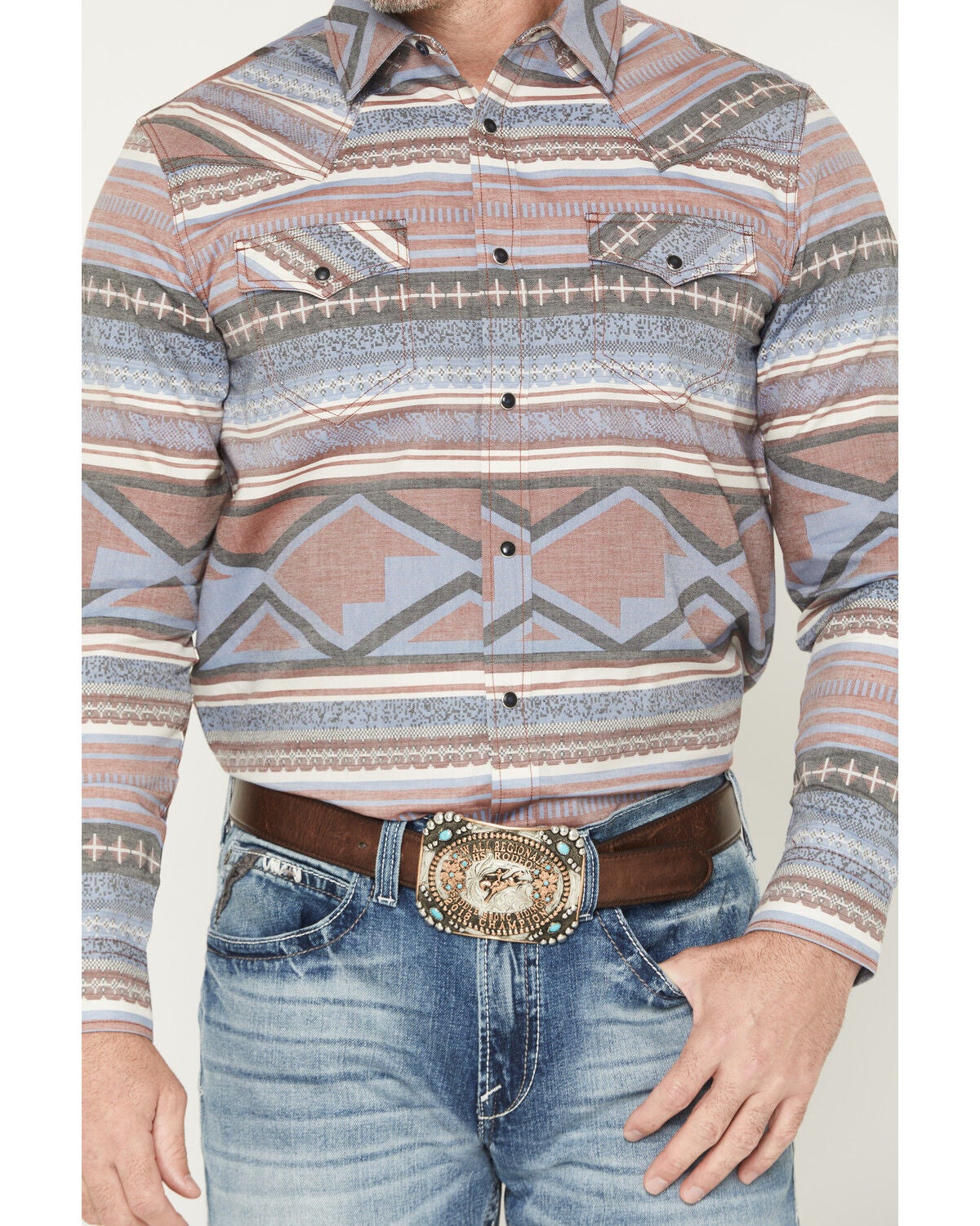 Image #3 - Cody James Men's Mountain Ranger Southwestern Striped Long Sleeve Snap Western Shirt, Burgundy, hi-res