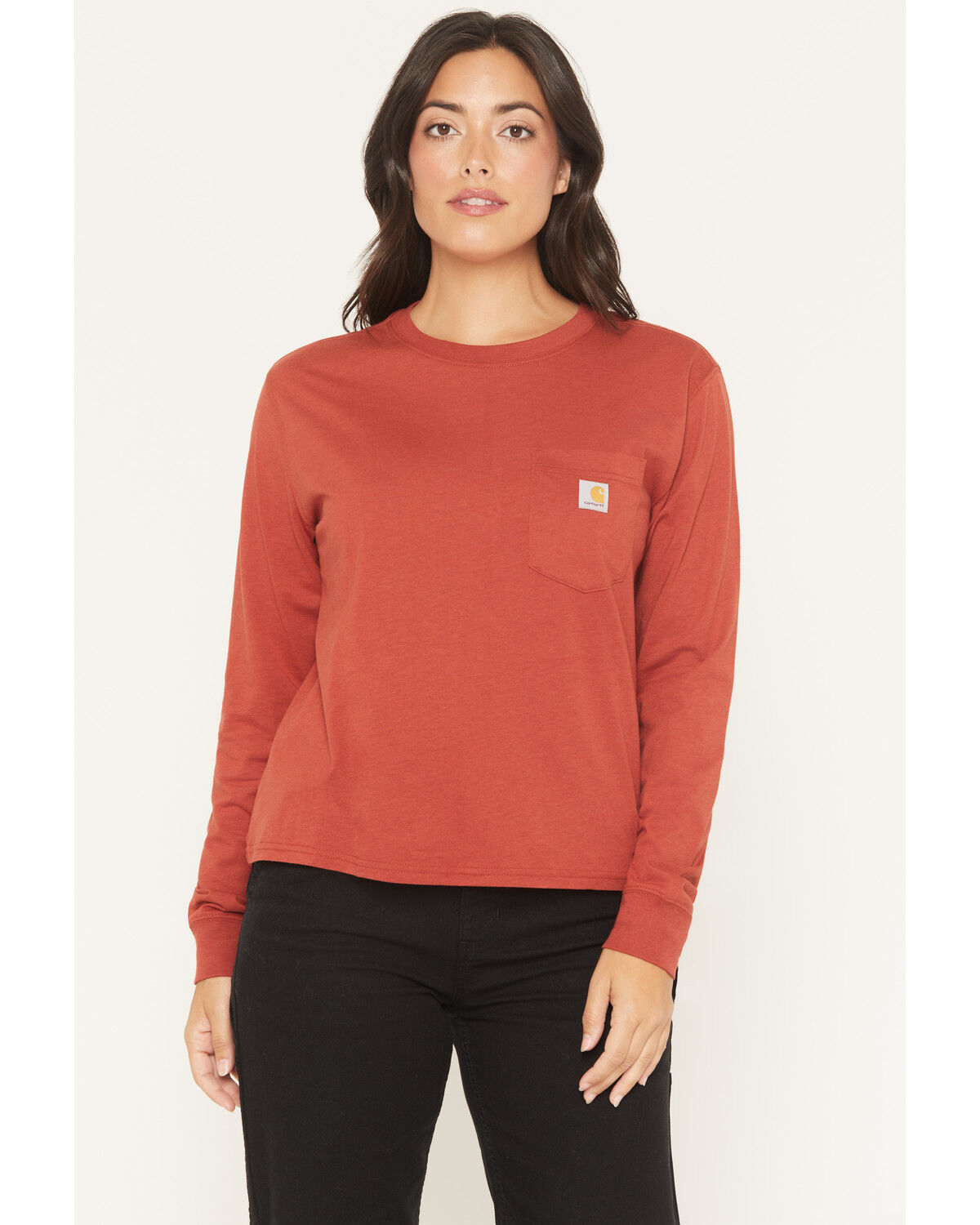 Image #1 - Carhartt Women's TENCEL™ Fiber Series Loose Fit Long Sleeve Crewneck Pocket T-Shirt, Red, hi-res