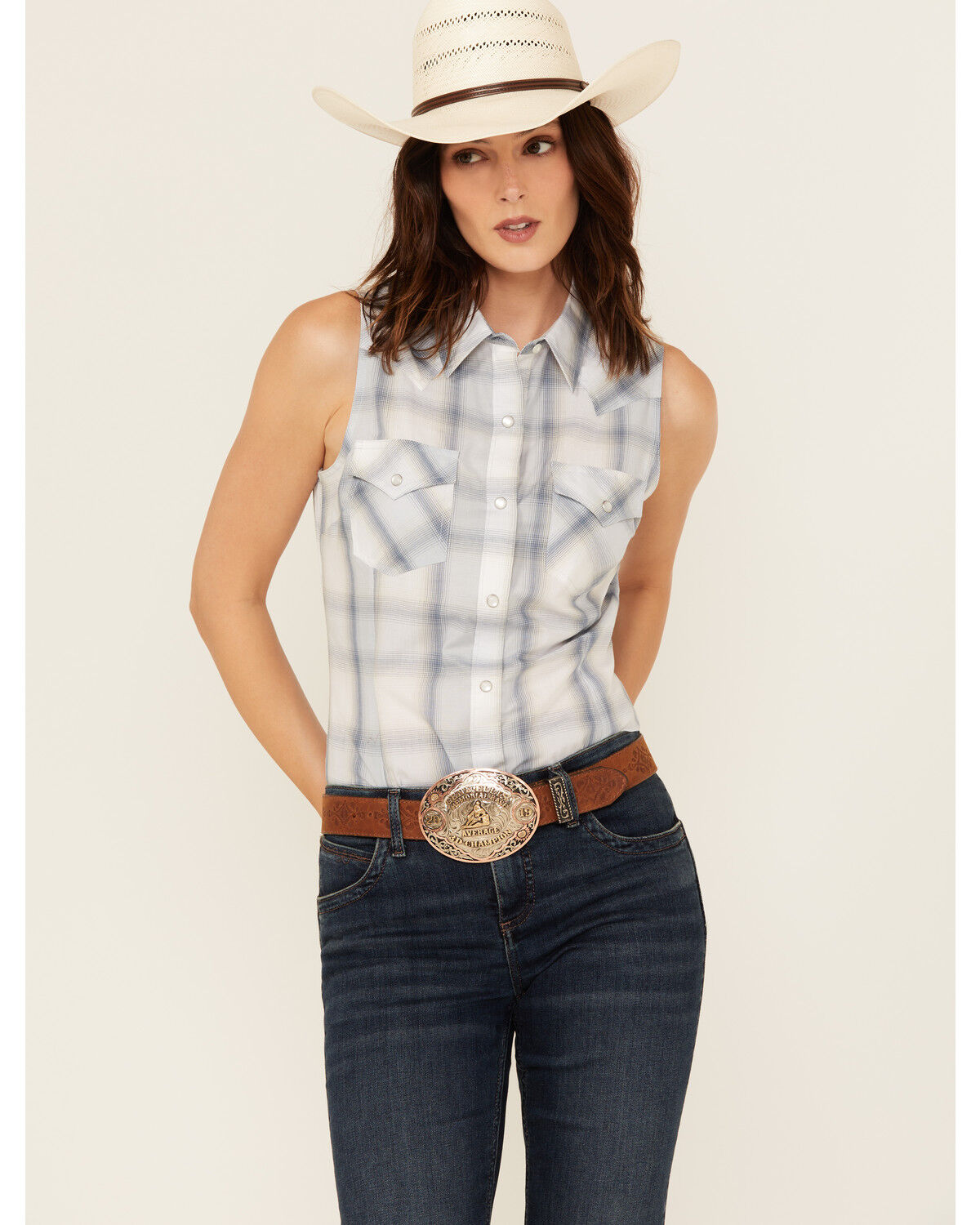 Wrangler Retro Women's Boot Barn Exclusive Plaid Print Sleeveless Snap Western Shirt, Blue, hi-res