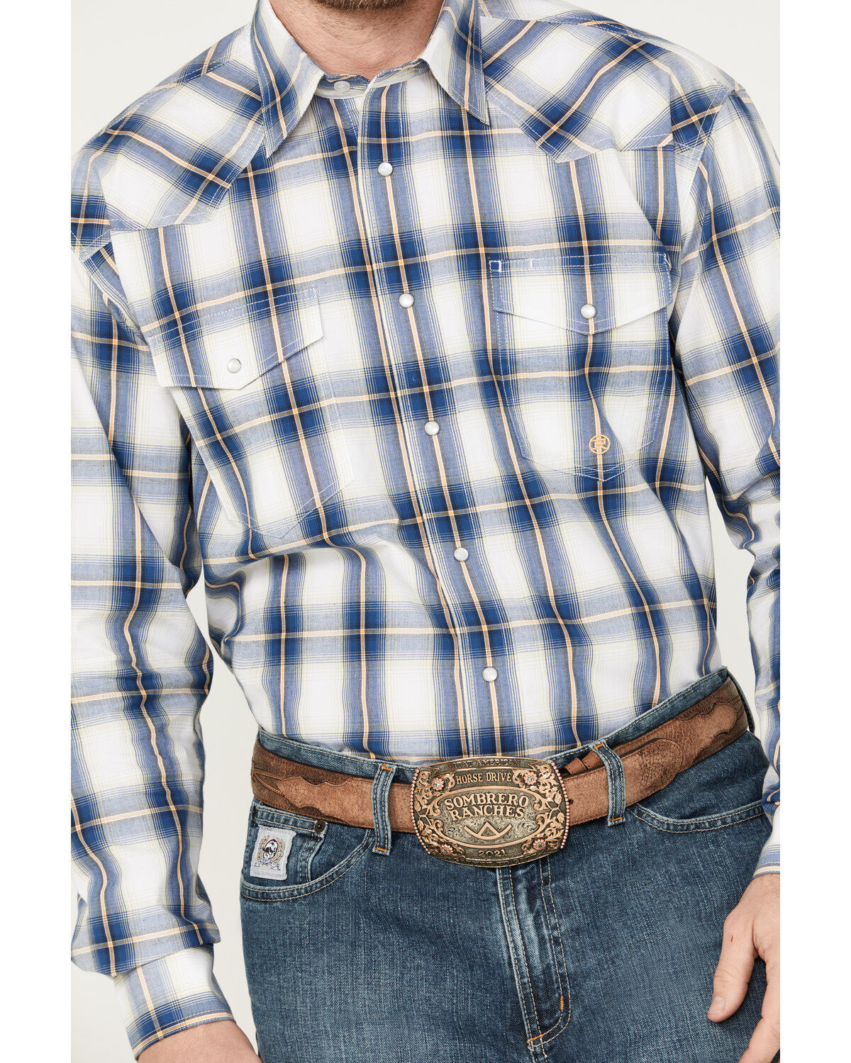 Image #3 - Roper Men's Amarillo Plaid Print Long Sleeve Western Pearl Snap Shirt, Blue, hi-res