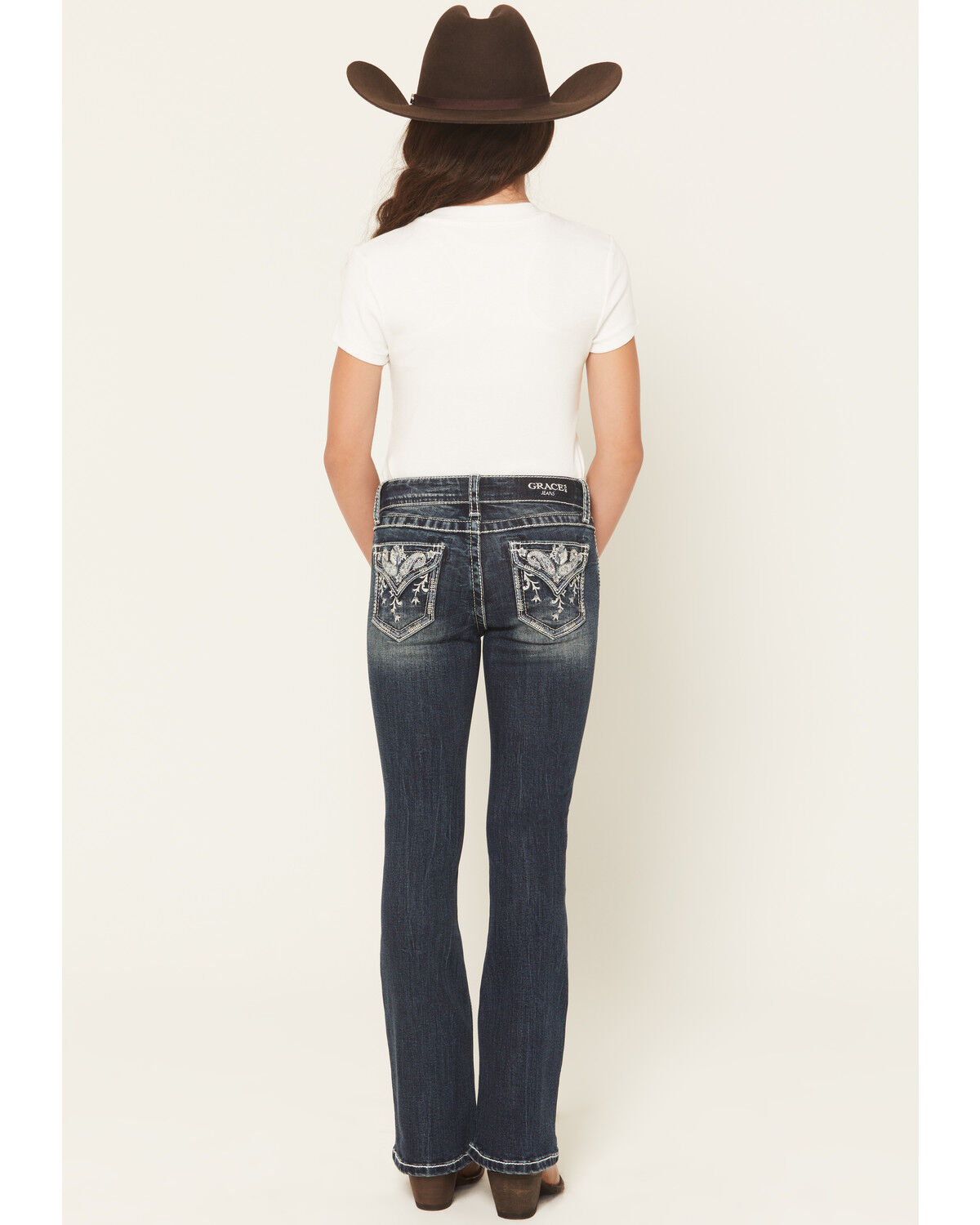 Image #1 - Grace in LA Girls' Dark Wash Floral Pocket Bootcut Stretch Denim Jeans, Dark Wash, hi-res