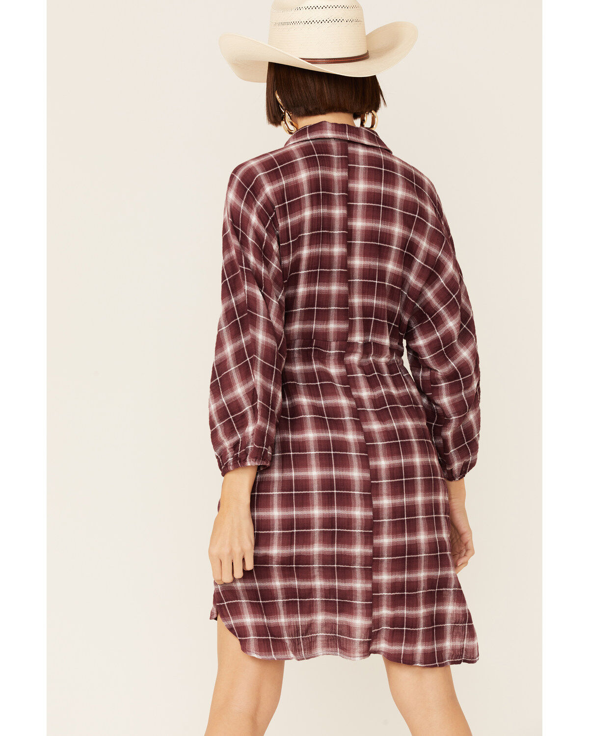 Image #3 - Wild Moss Women's Burgundy Long Sleeve Plaid Shirt Mini Dress, Burgundy, hi-res