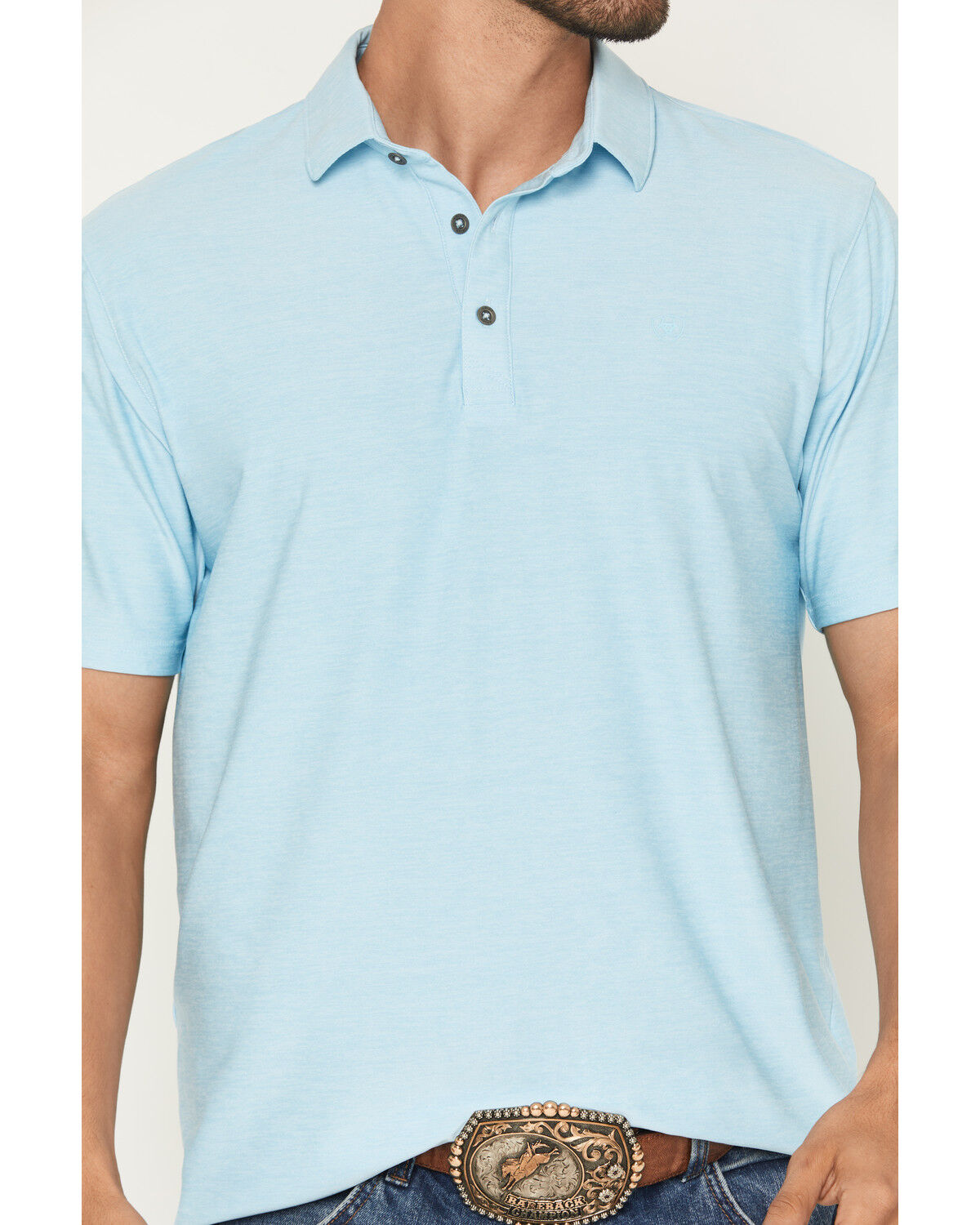 Image #3 - Ariat Men's Charger 2.0 Short Sleeve Fitted Polo Shirt, Light Blue, hi-res