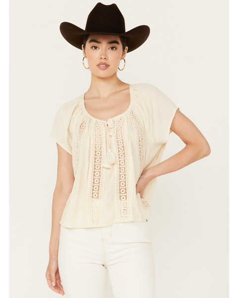 Image #1 - Band of the Free Women's Crochet Trim Peasant Top, Ivory, hi-res