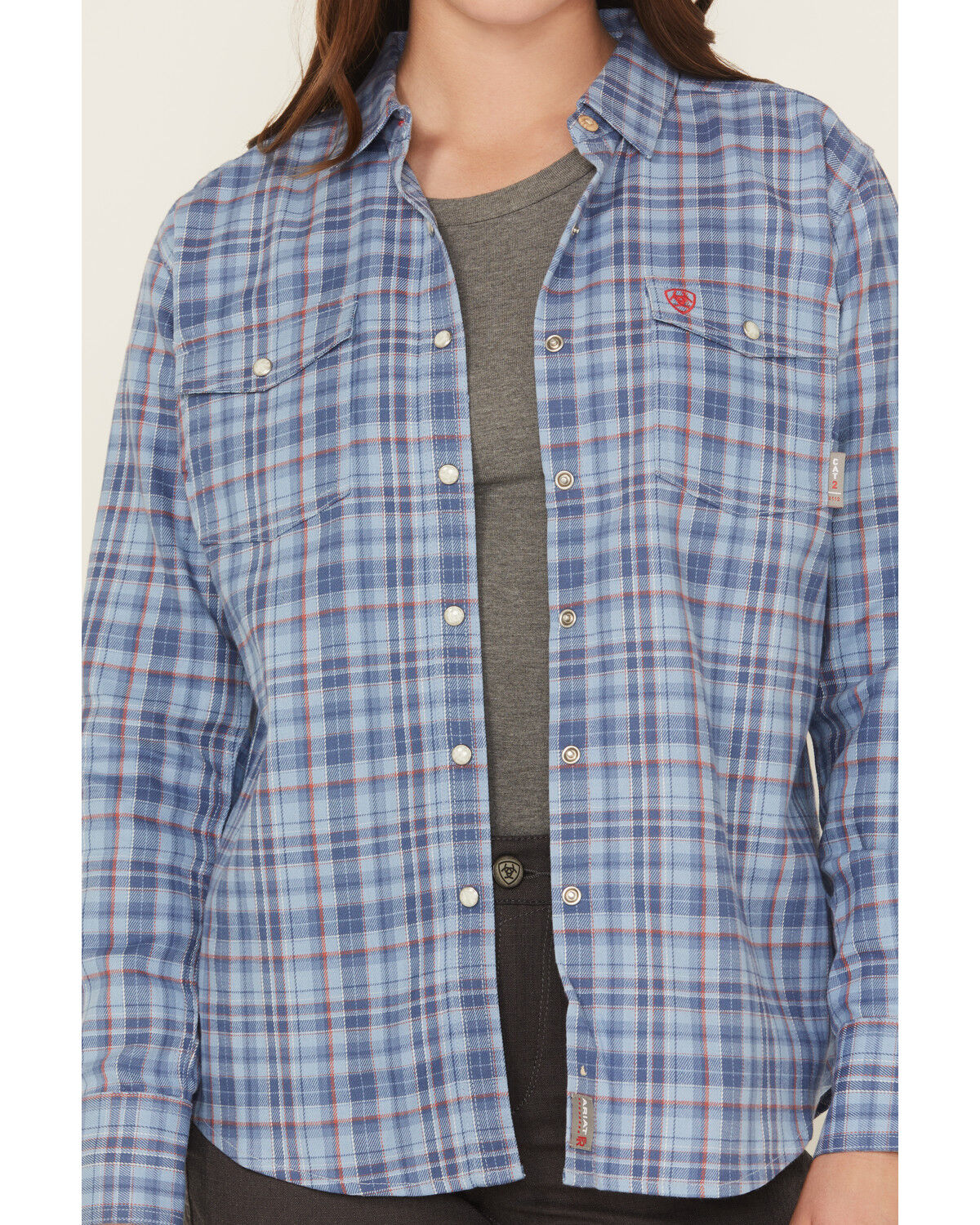 Image #3 - Ariat Women's FR Laurel Plaid Print Long Sleeve Snap Work Shirt, Blue, hi-res