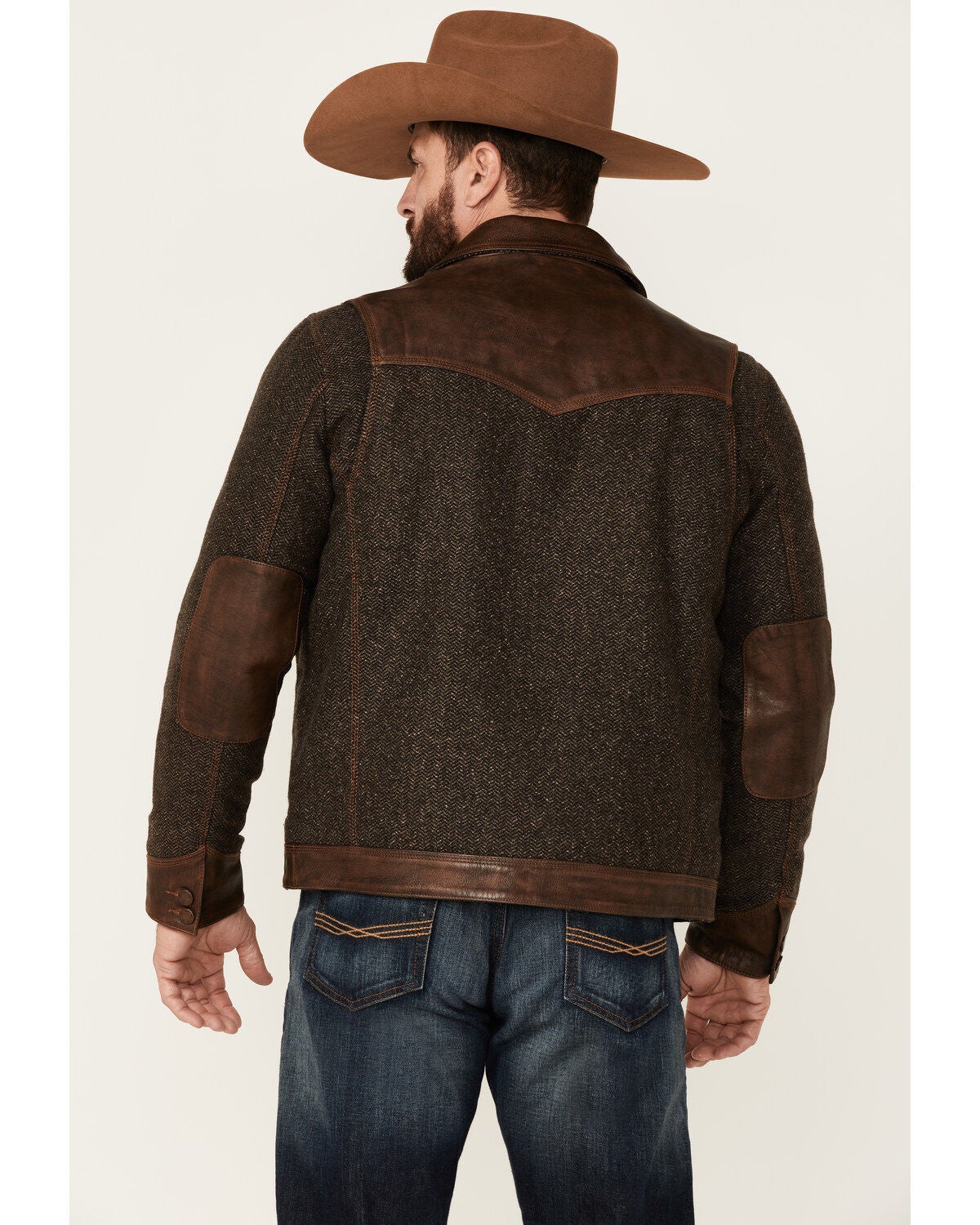 Image #4 - Scully Men's Vintage Herringbone Leather Trim Button-Front Jacket, Brown, hi-res