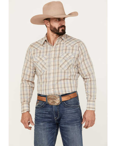 Ely Walker Men's Plaid Print Long Sleeve Pearl Snap Western Shirt - Big & Tall, Beige/khaki, hi-res