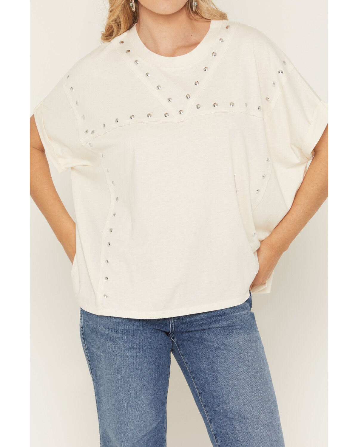 Image #3 - Blended Women's Studded Poncho Tee, White, hi-res