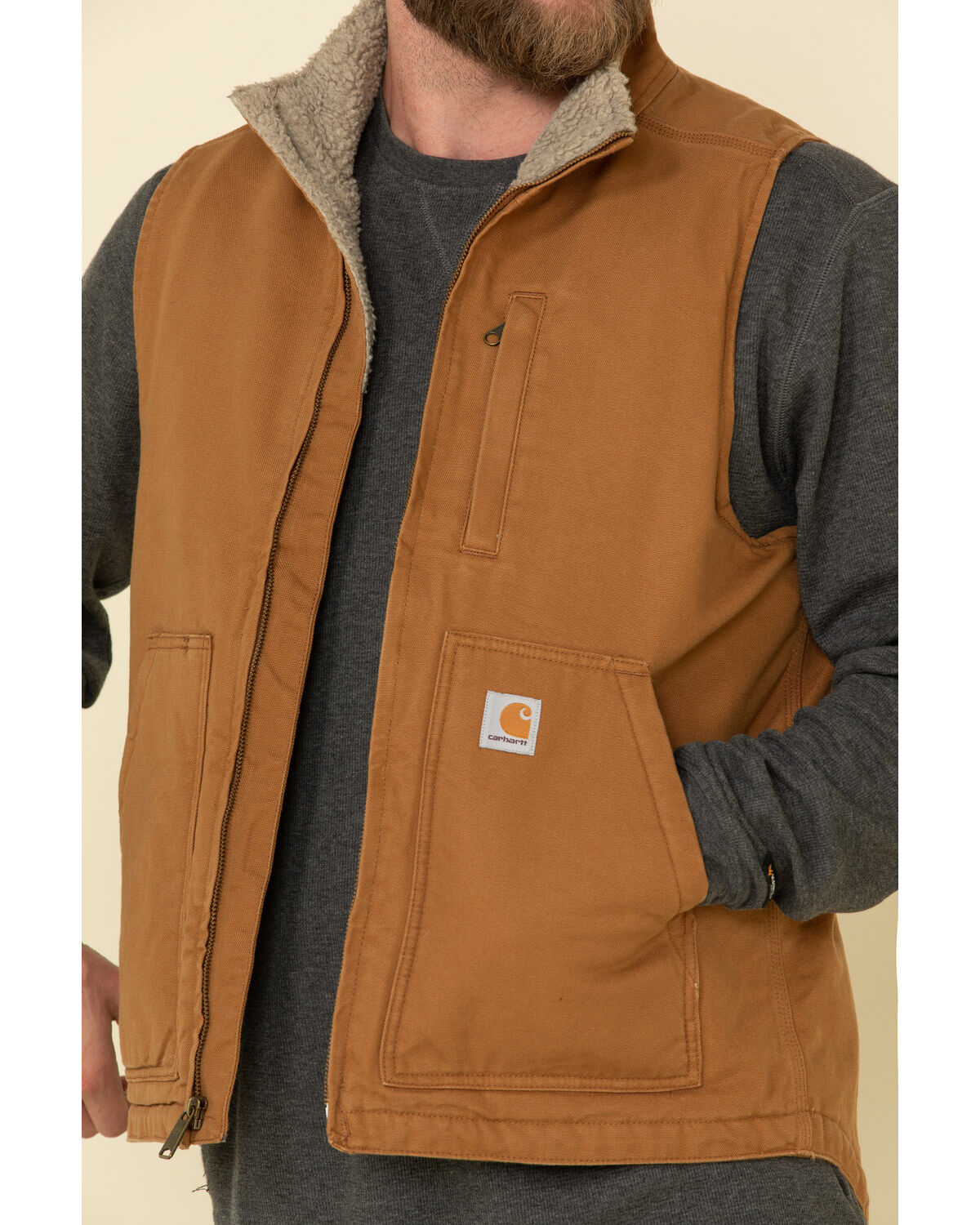 Image #5 - Carhartt Men's Brown Washed Duck Sherpa Lined Mock Neck Work Vest, Brown, hi-res